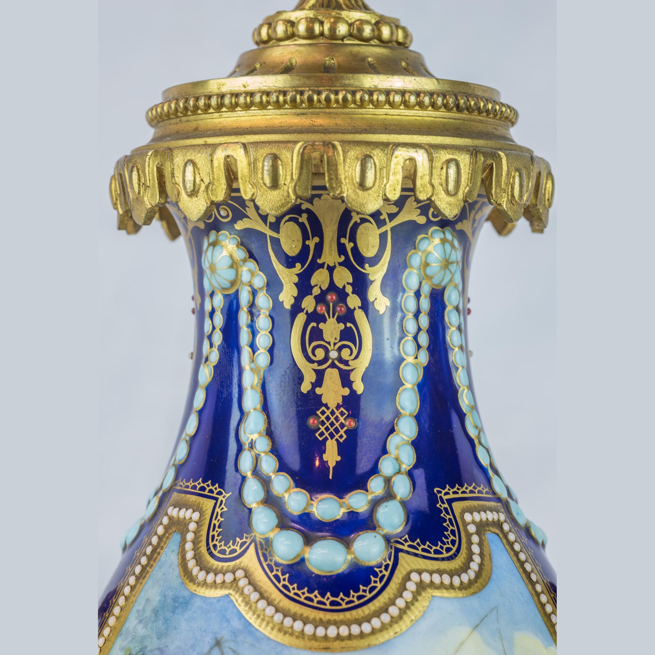 19th Century Sèvres Style Ormolu and Cobalt-Blue Painted Porcelain Clockset For Sale 4