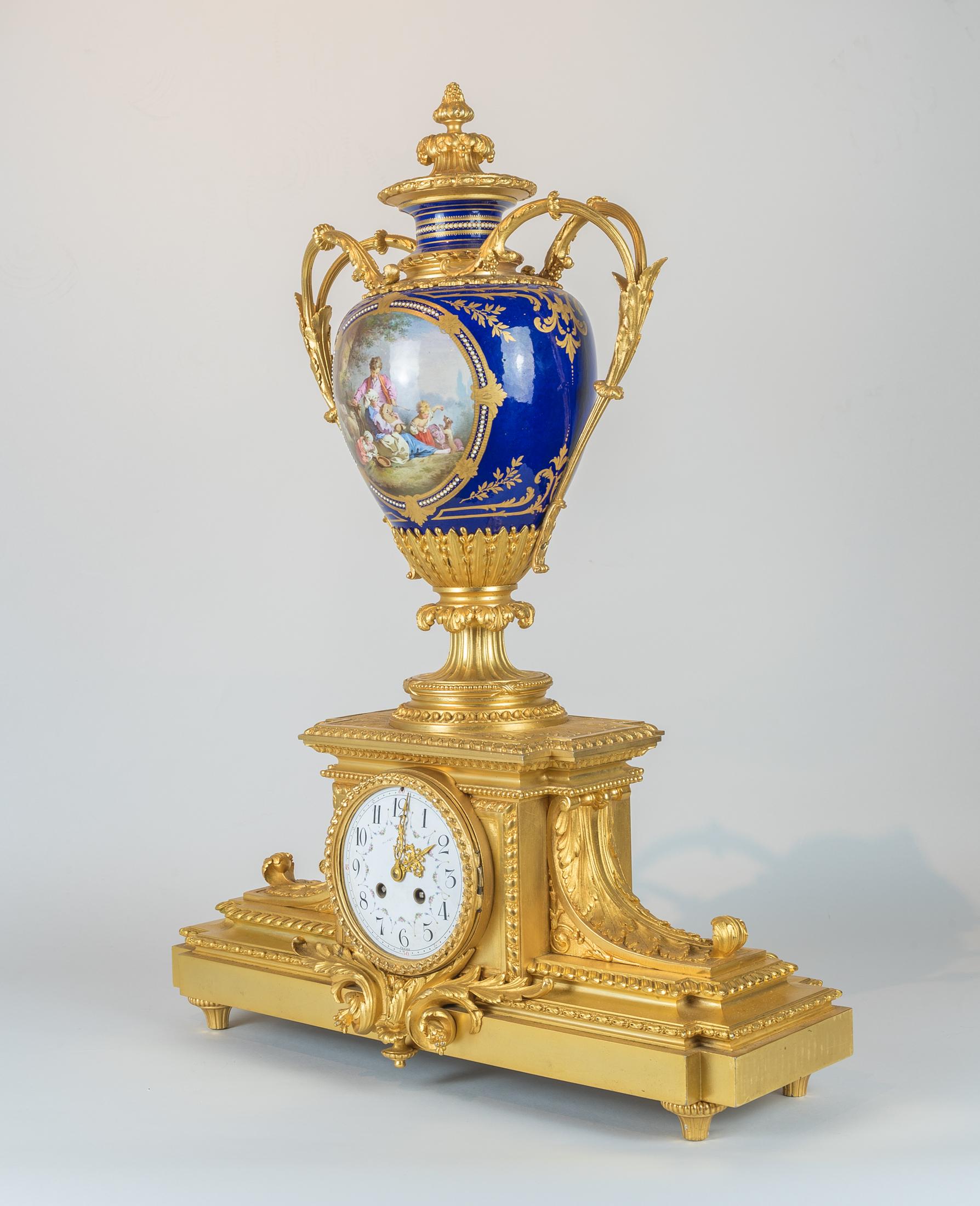 French 19th Century Sèvres Style Ormolu and Painted Porcelain Clock Set For Sale