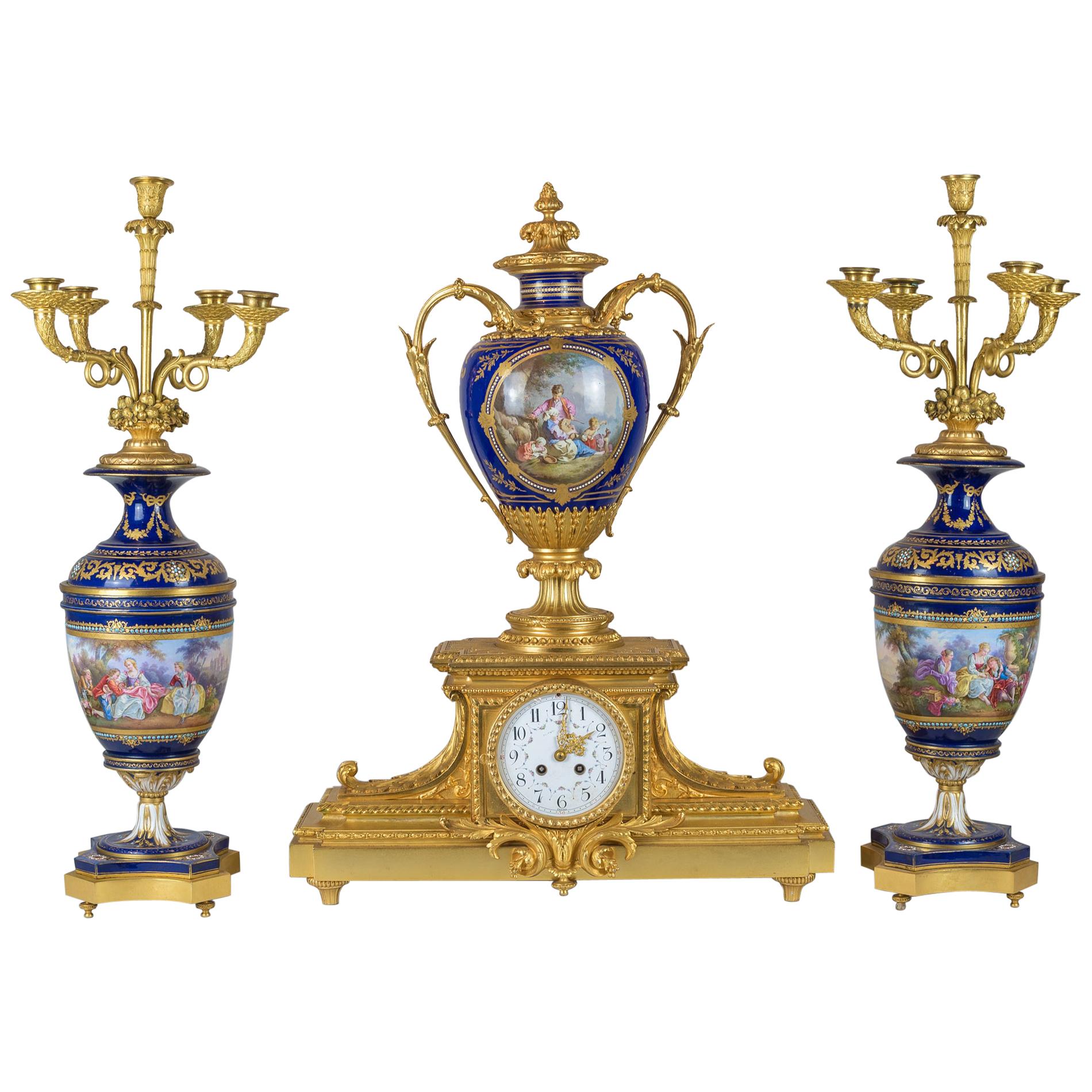 19th Century Sèvres Style Ormolu and Painted Porcelain Clock Set