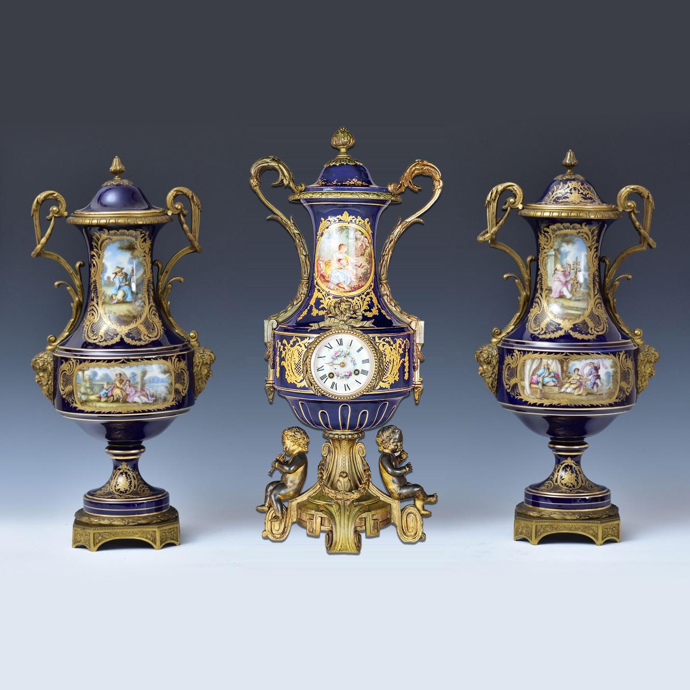 French 19th Century Sèvres Style Ormolu-Mounted Porcelain Figural Clockset For Sale