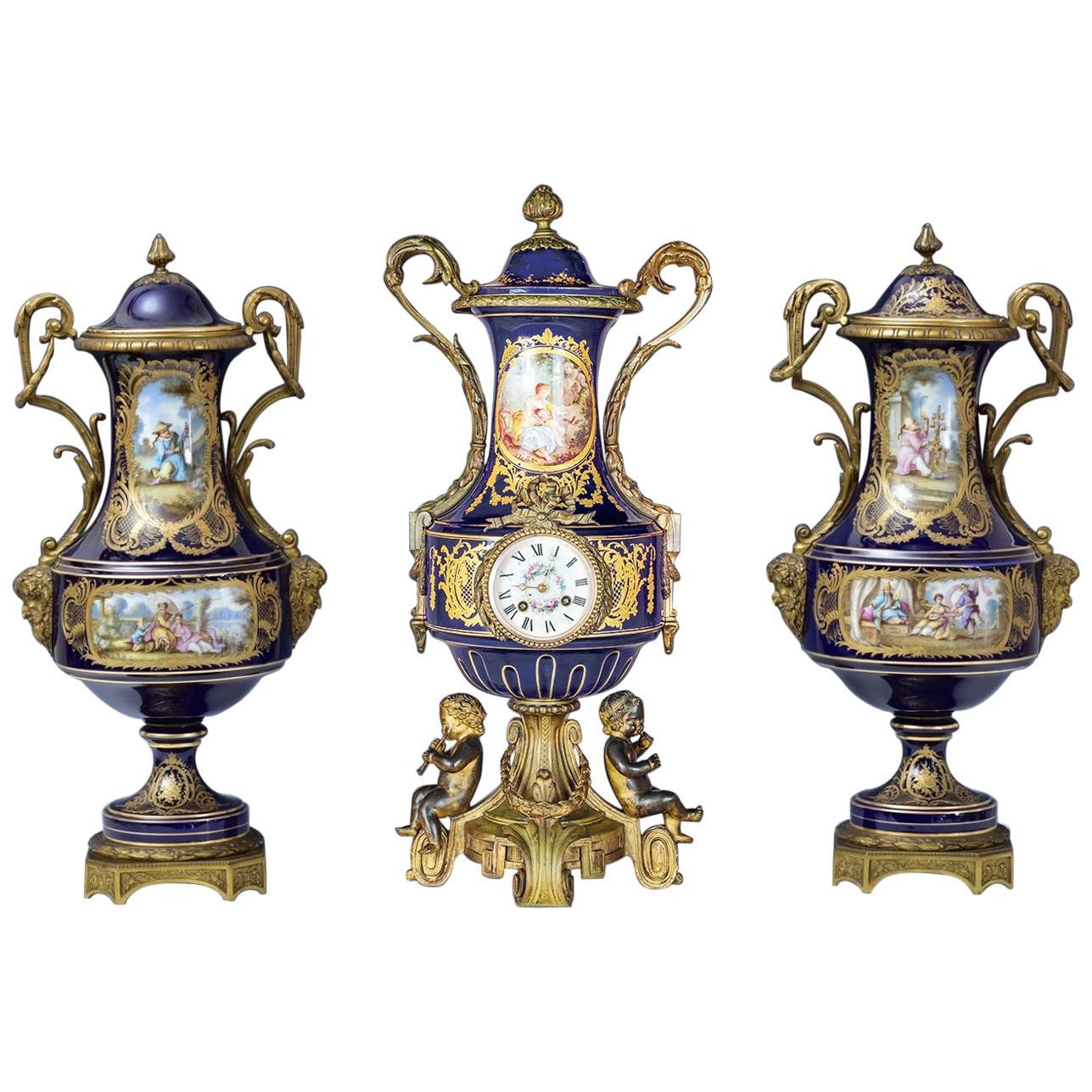 19th Century Sèvres Style Ormolu-Mounted Porcelain Figural Clockset