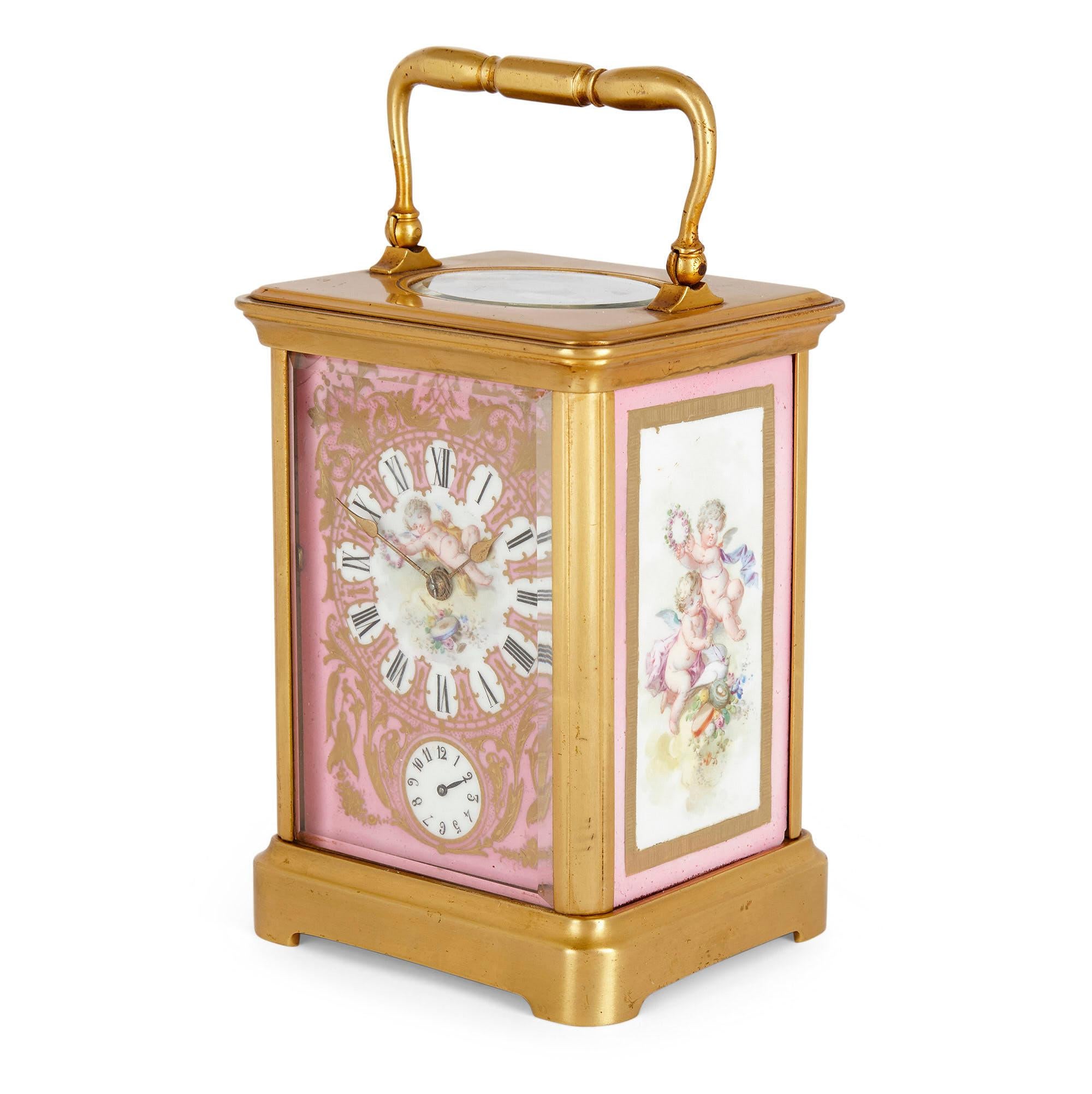 French Rococo Style Sevres Style Porcelain and Ormolu Carriage Clock For Sale