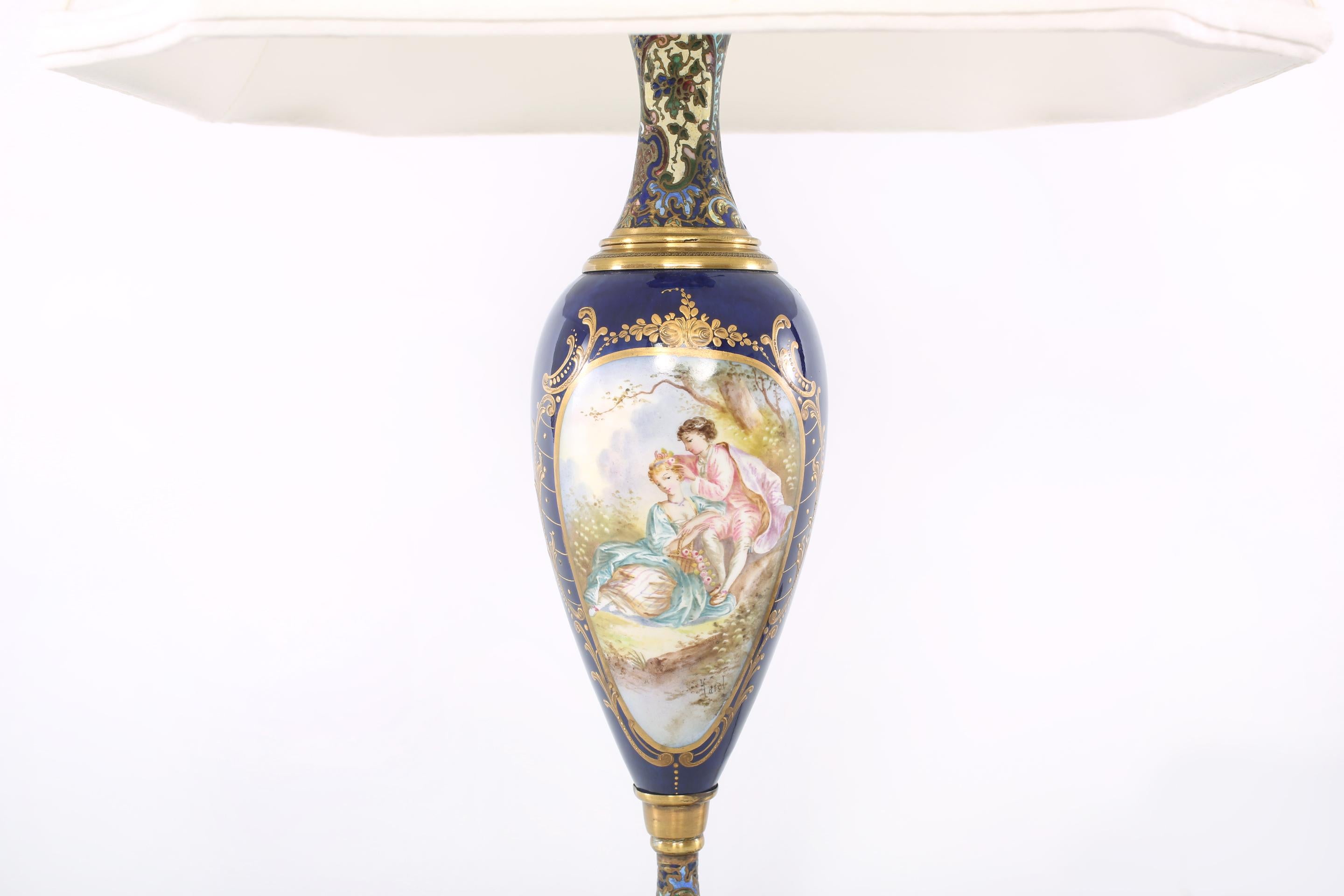 French 19th Century Sevres Style Porcelain / Onyx Base Table Lamps For Sale