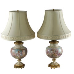 19th Century Sèvres Style Porcelain Table Lamps Decorated by Marie Demonceaux