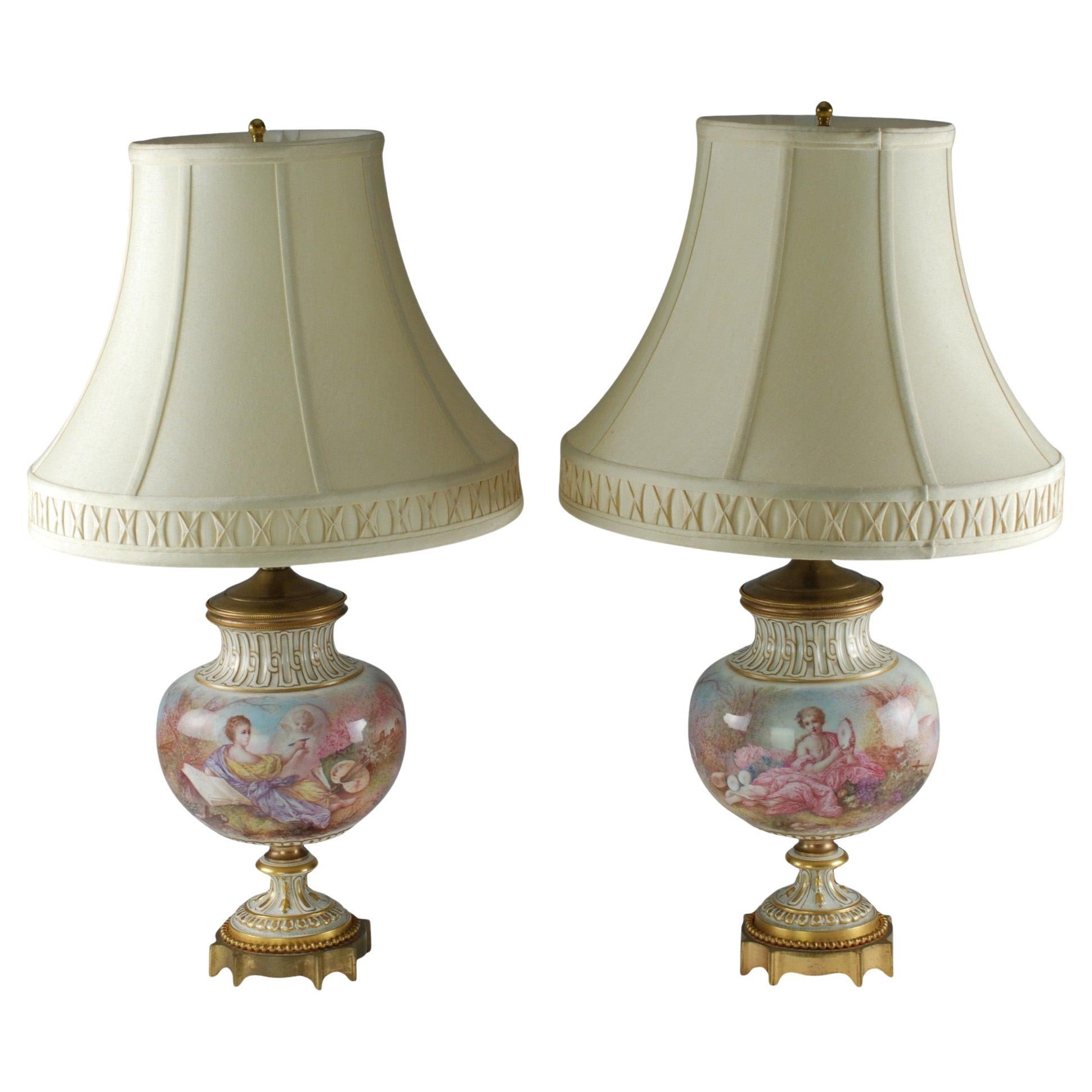 19th Century Sèvres Style Porcelain Table Lamps Decorated by Marie Demonceaux For Sale