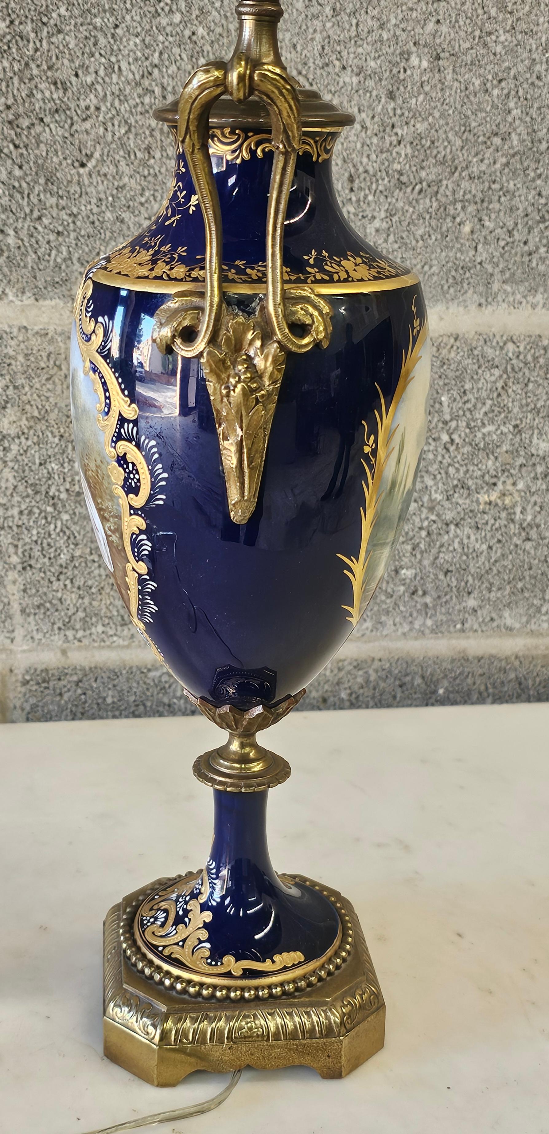 19th Century Sevres Type Painted Gilt Porcelain & Ormolu Mounted Vase Table Lamp For Sale 2