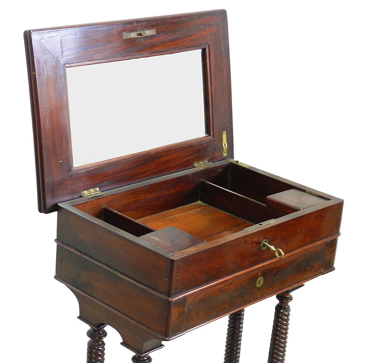 Antique Louis Philippe sewing table, circa 1850-1860
A good quality centre work and writing table
Exotic wood
The lift-up lid opens up to reveal a mirror and compartments.
Lower drawer pulls out with a cover to be a small writing desk
Good