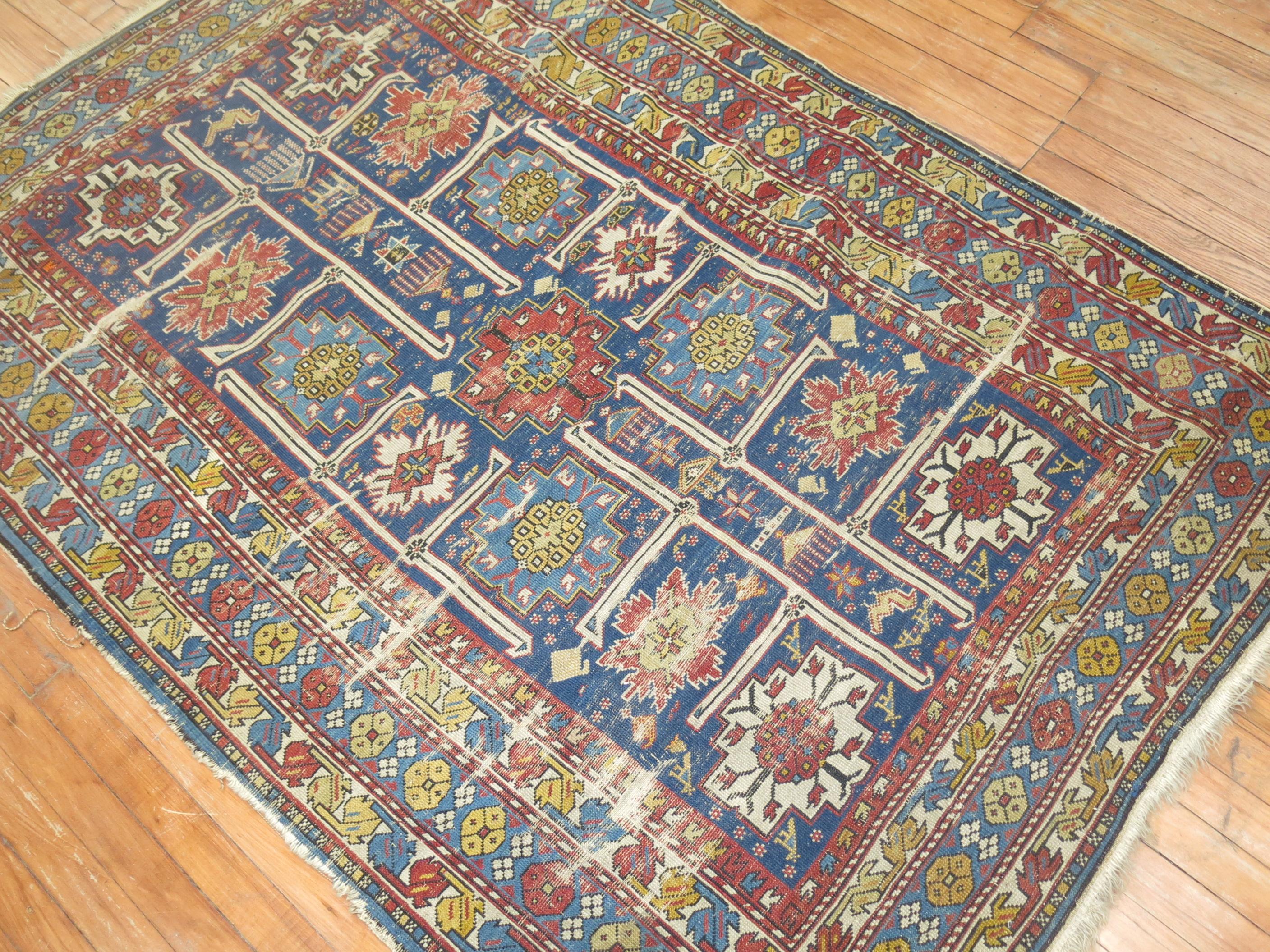 Caucasian 19th Century Shabby Chic Geometric Tribal Antique Shirvan Rug