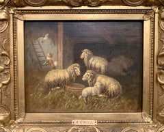 19th Century Sheep and Ram Painting in Carved Gilt Frame Signed Johanna Grell