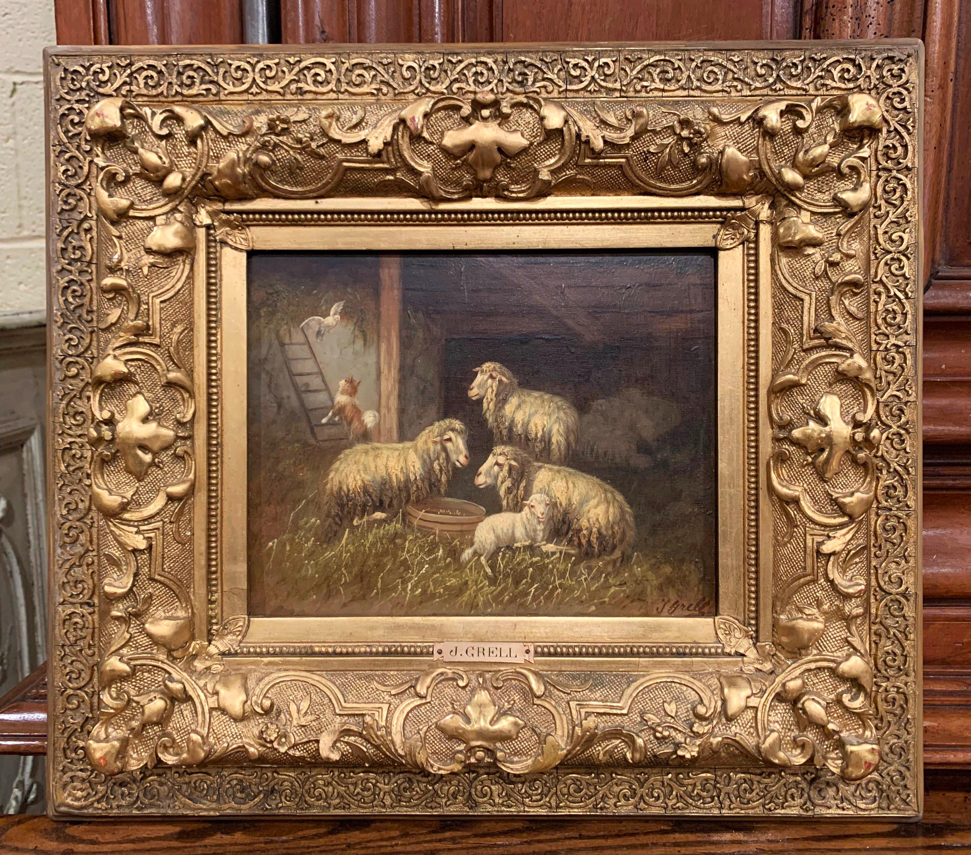 Austrian 19th Century Sheep and Ram Painting in Carved Gilt Frame Signed Johanna Grell