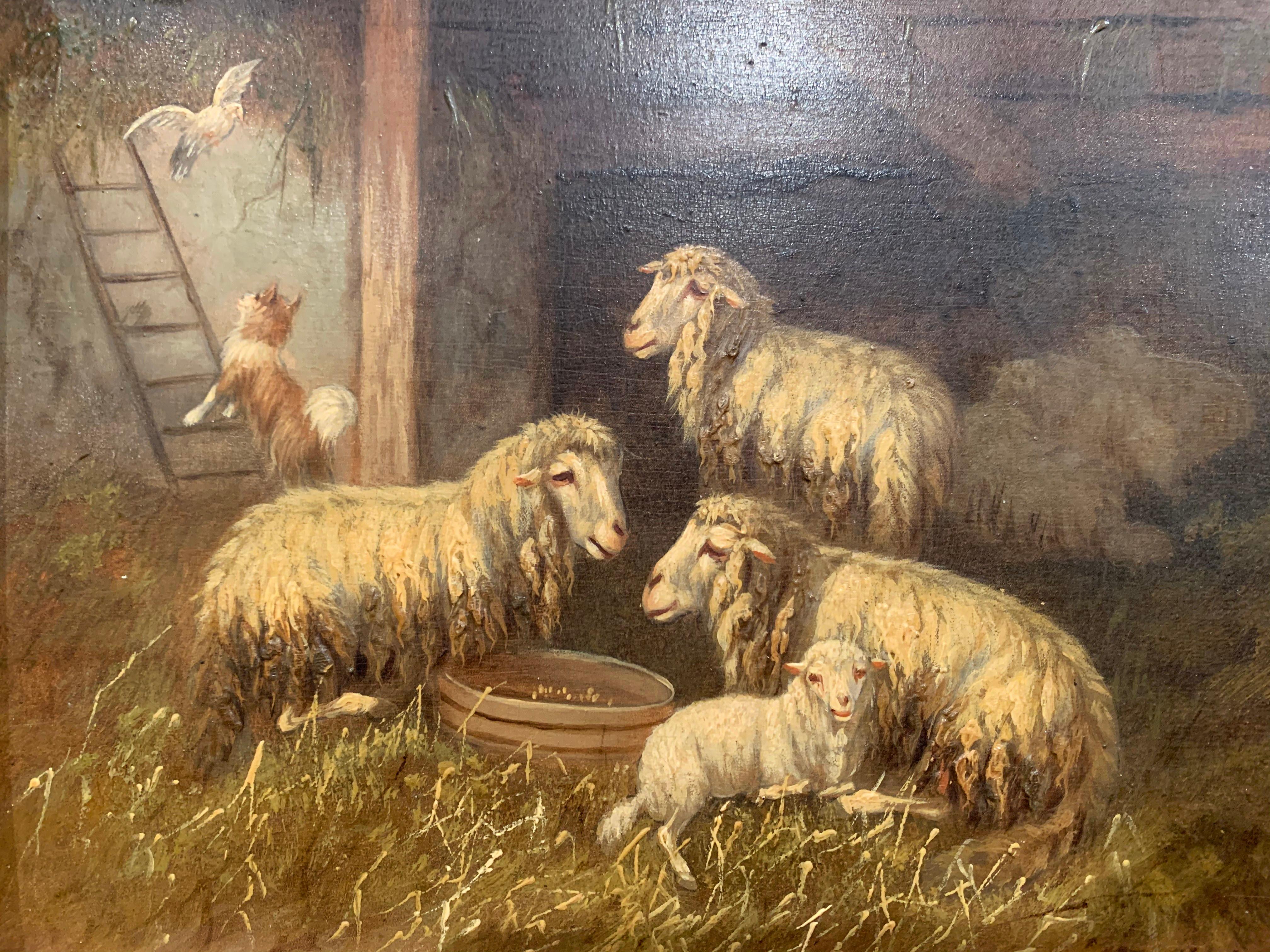 Hand-Painted 19th Century Sheep and Ram Painting in Carved Gilt Frame Signed Johanna Grell