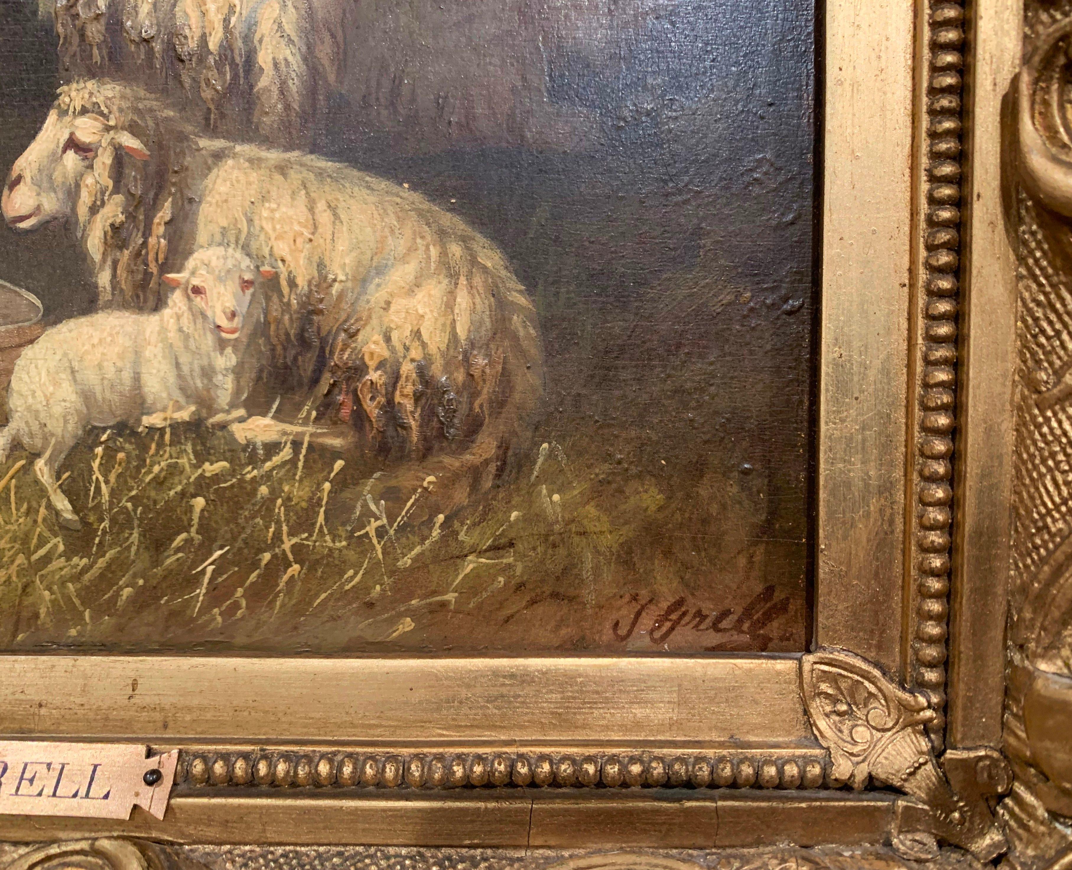 19th Century Sheep and Ram Painting in Carved Gilt Frame Signed Johanna Grell In Excellent Condition In Dallas, TX