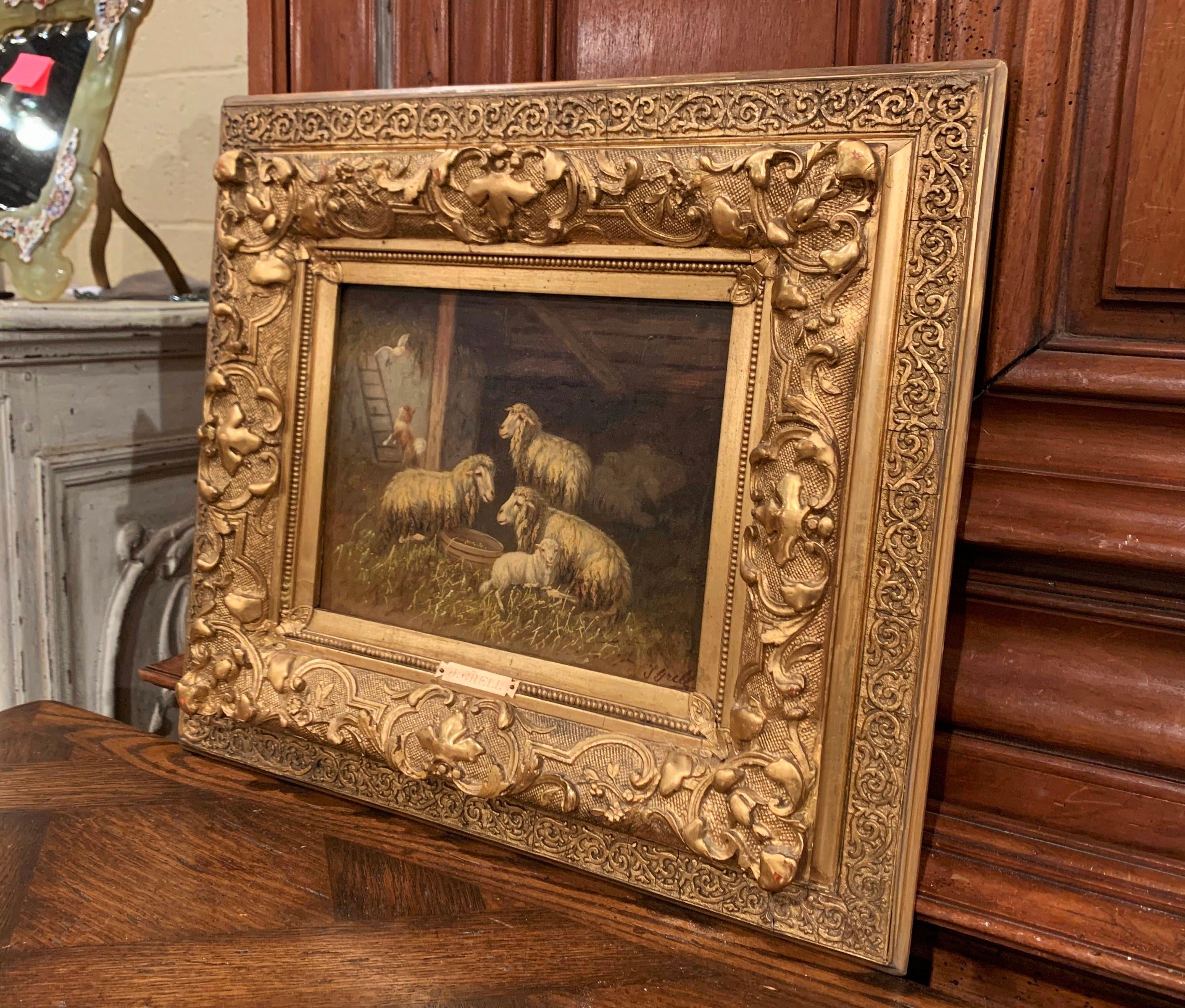 Giltwood 19th Century Sheep and Ram Painting in Carved Gilt Frame Signed Johanna Grell