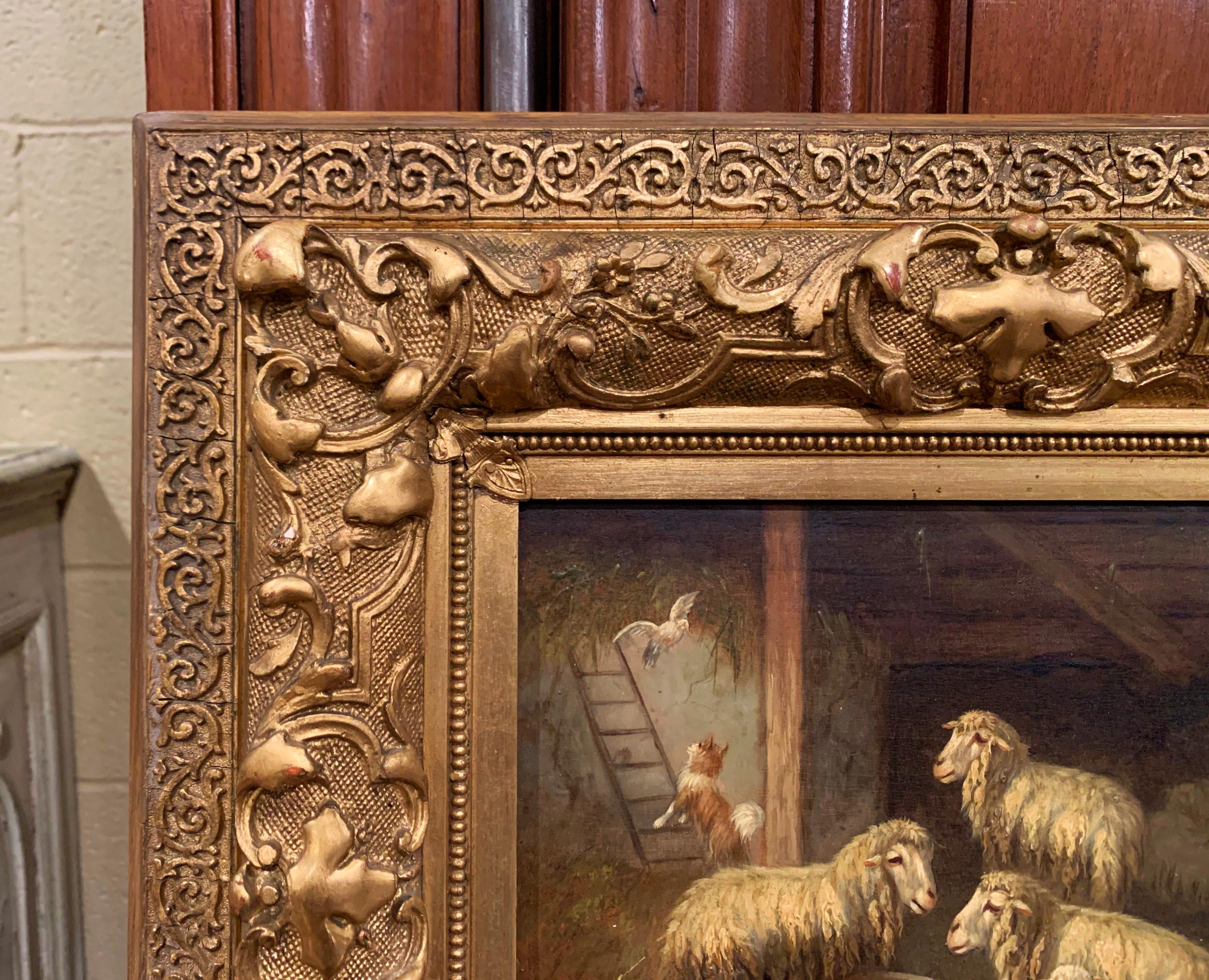 19th Century Sheep and Ram Painting in Carved Gilt Frame Signed Johanna Grell 1
