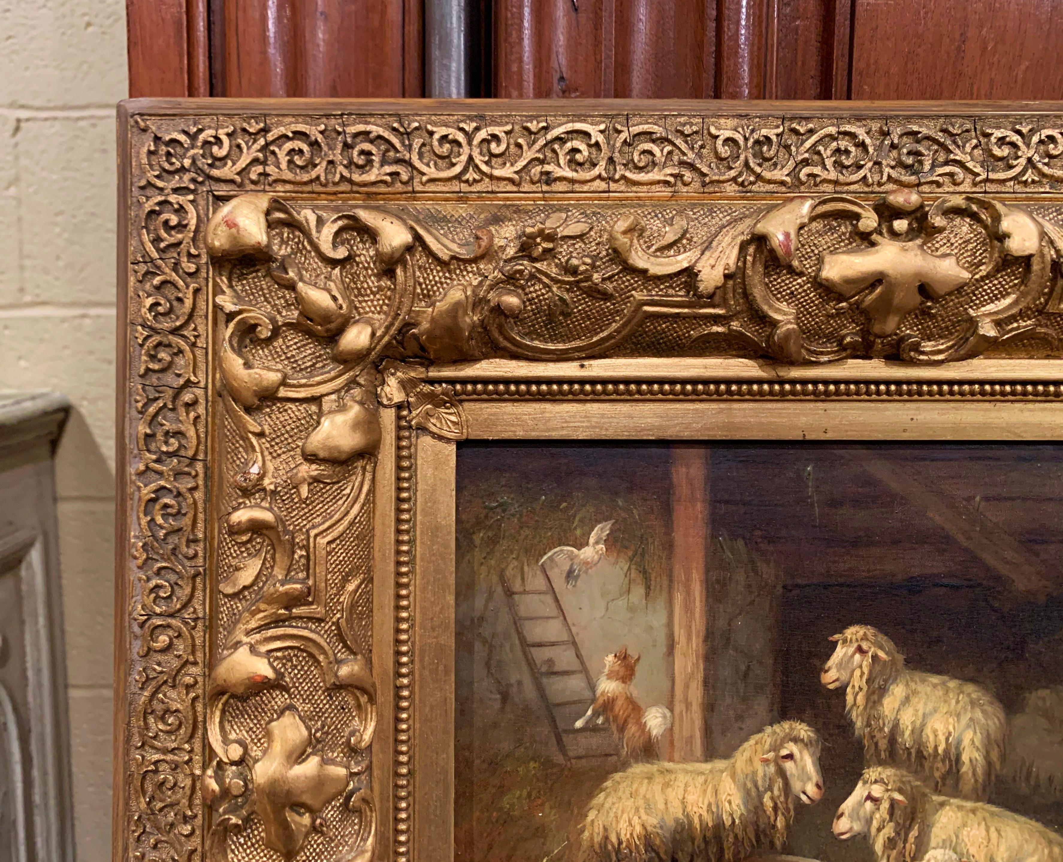 19th Century Sheep and Ram Painting in Carved Gilt Frame Signed Johanna Grell 2