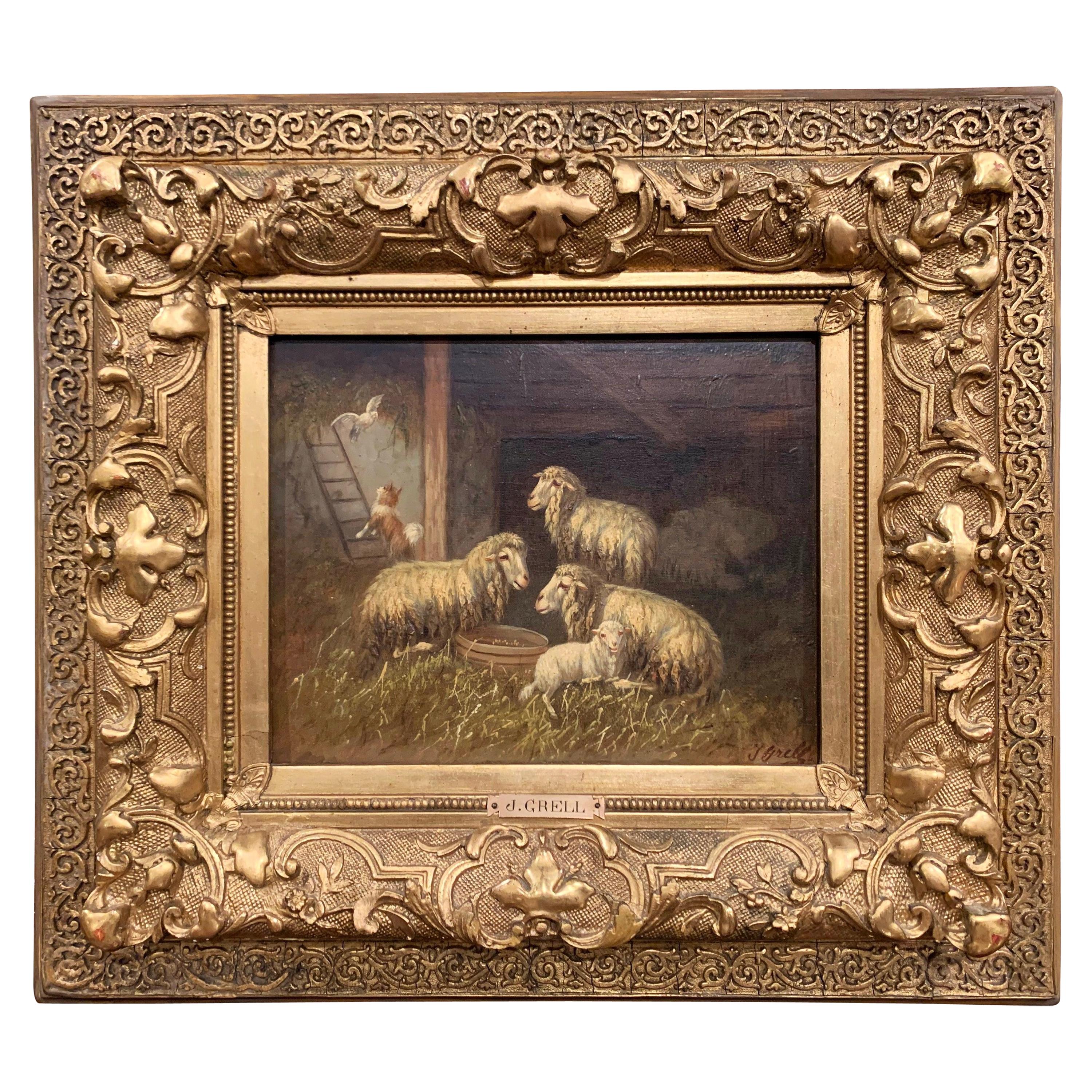 19th Century Sheep and Ram Painting in Carved Gilt Frame Signed Johanna Grell