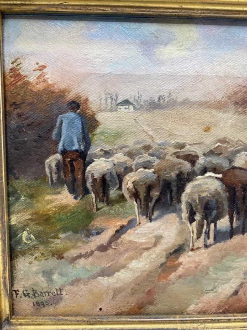 English 19th Century Sheep Herder and Sheep Oil on Canvas Painting with Wood Frame