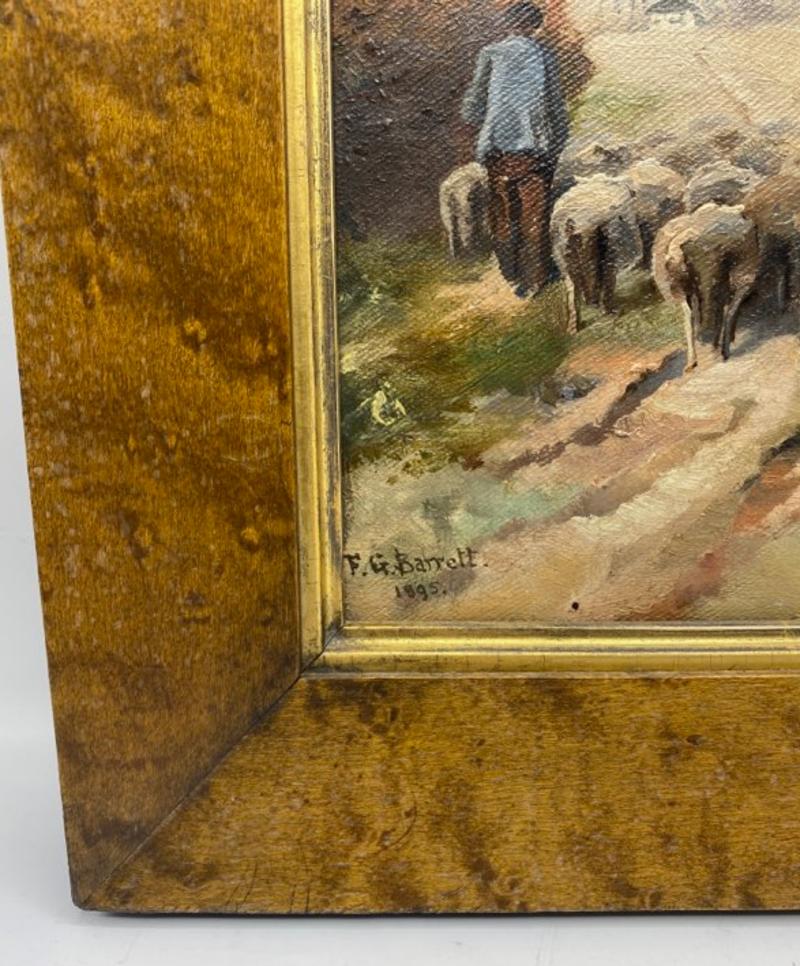19th Century Sheep Herder and Sheep Oil on Canvas Painting with Wood Frame In Good Condition In Middleburg, VA