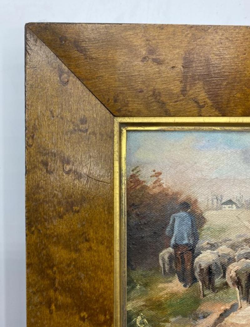 19th Century Sheep Herder and Sheep Oil on Canvas Painting with Wood Frame 1