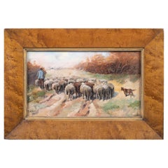 19th Century Sheep Herder and Sheep Oil on Canvas Painting with Wood Frame