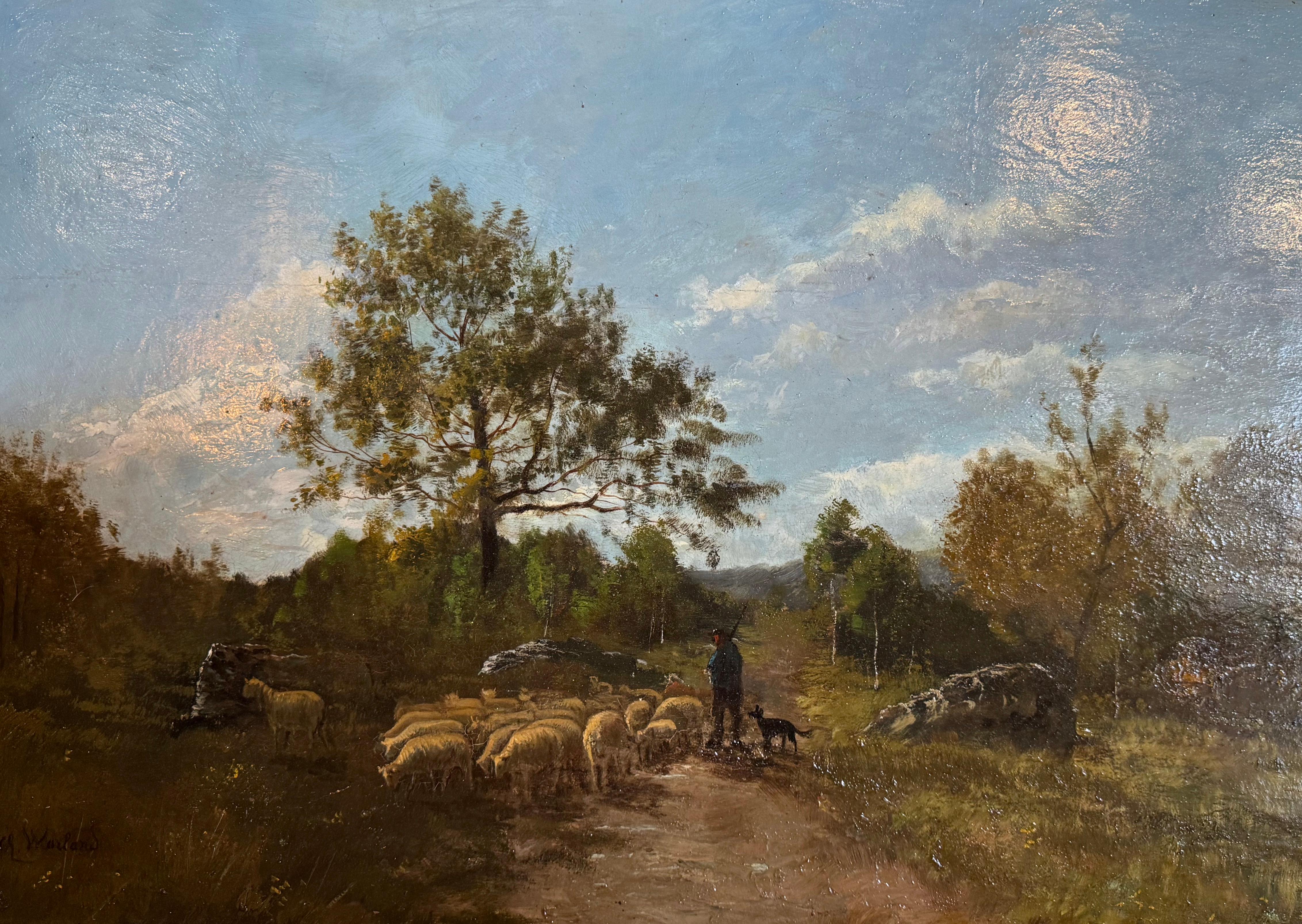 Oveja del siglo XIX Pintura al óleo sobre tabla en marco dorado tallado Firmado Ch. Warland Belga en venta