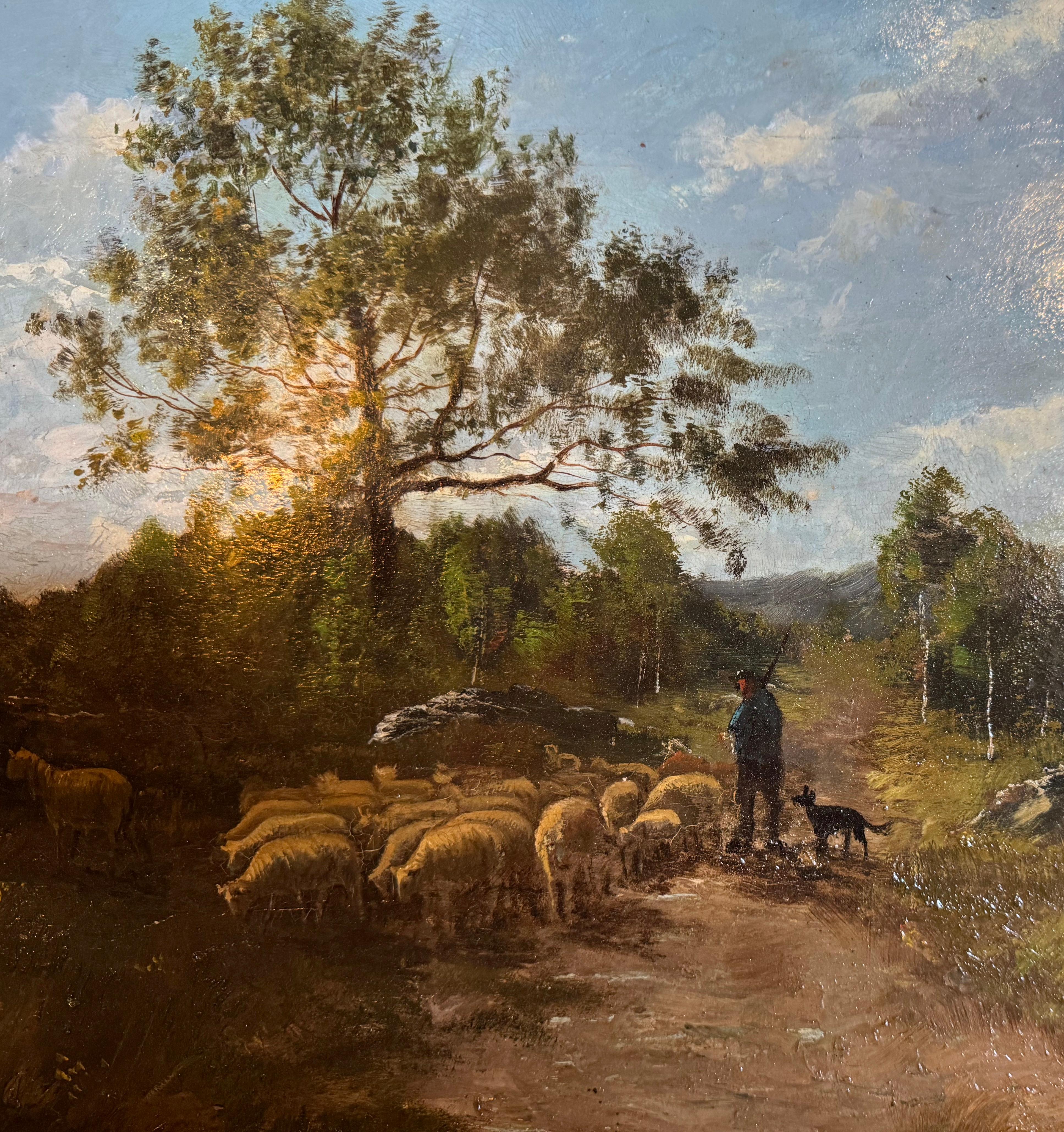 Oveja del siglo XIX Pintura al óleo sobre tabla en marco dorado tallado Firmado Ch. Warland Dorado en venta