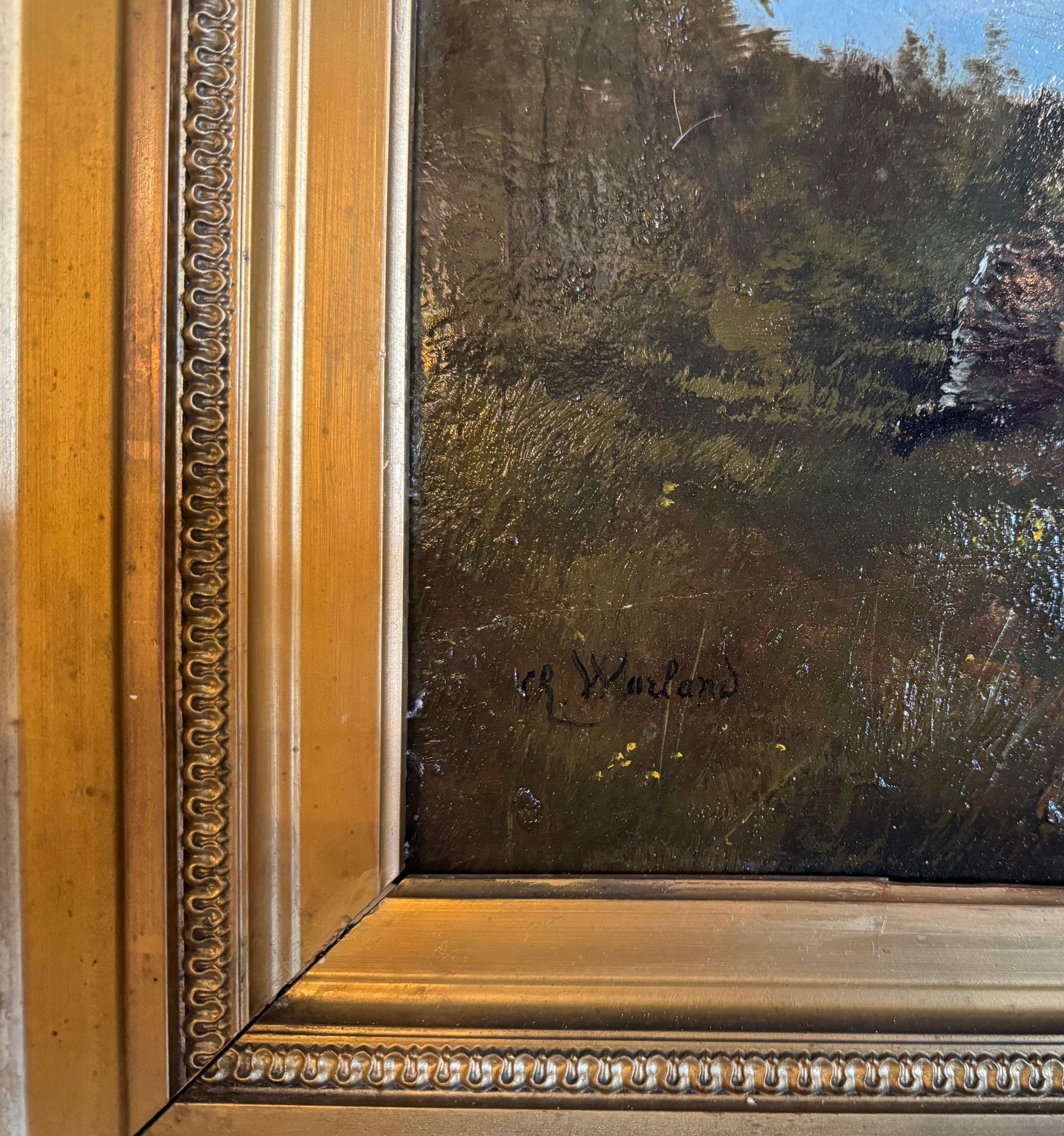Oveja del siglo XIX Pintura al óleo sobre tabla en marco dorado tallado Firmado Ch. Warland en Excelente estado para la venta en Dallas, TX