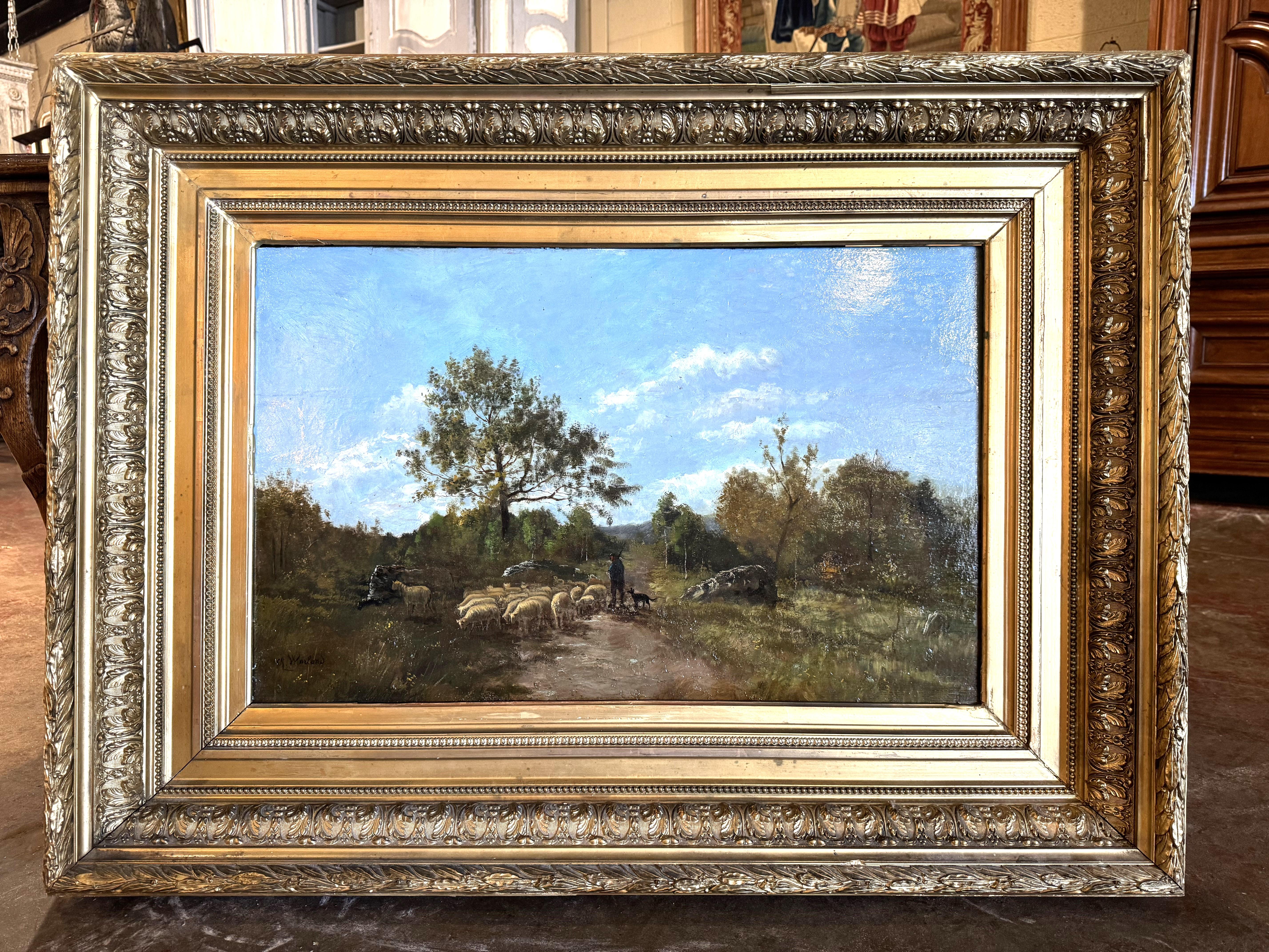 Oveja del siglo XIX Pintura al óleo sobre tabla en marco dorado tallado Firmado Ch. Warland Madera en venta