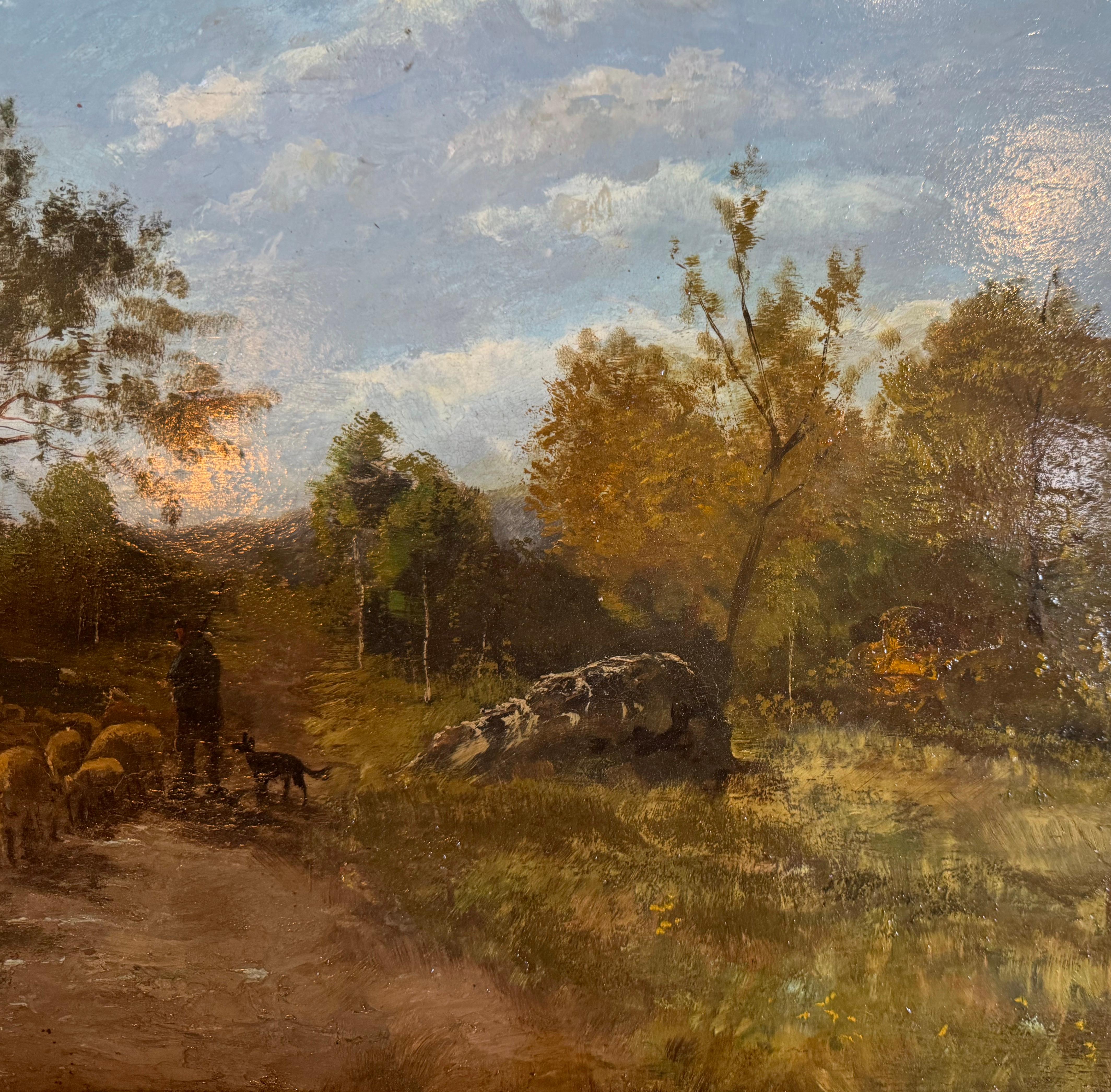 Oveja del siglo XIX Pintura al óleo sobre tabla en marco dorado tallado Firmado Ch. Warland en venta 2