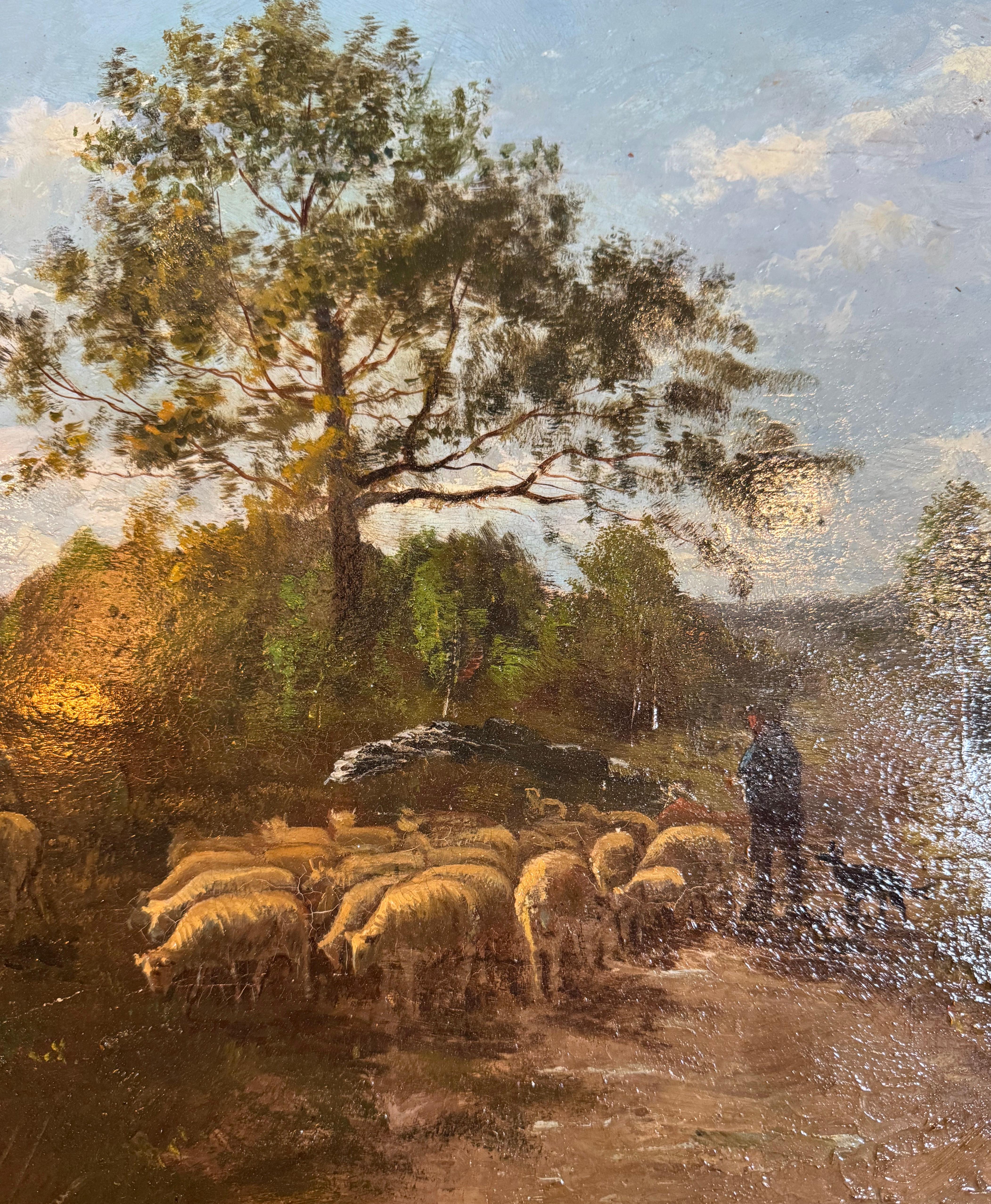 Oveja del siglo XIX Pintura al óleo sobre tabla en marco dorado tallado Firmado Ch. Warland en venta 3