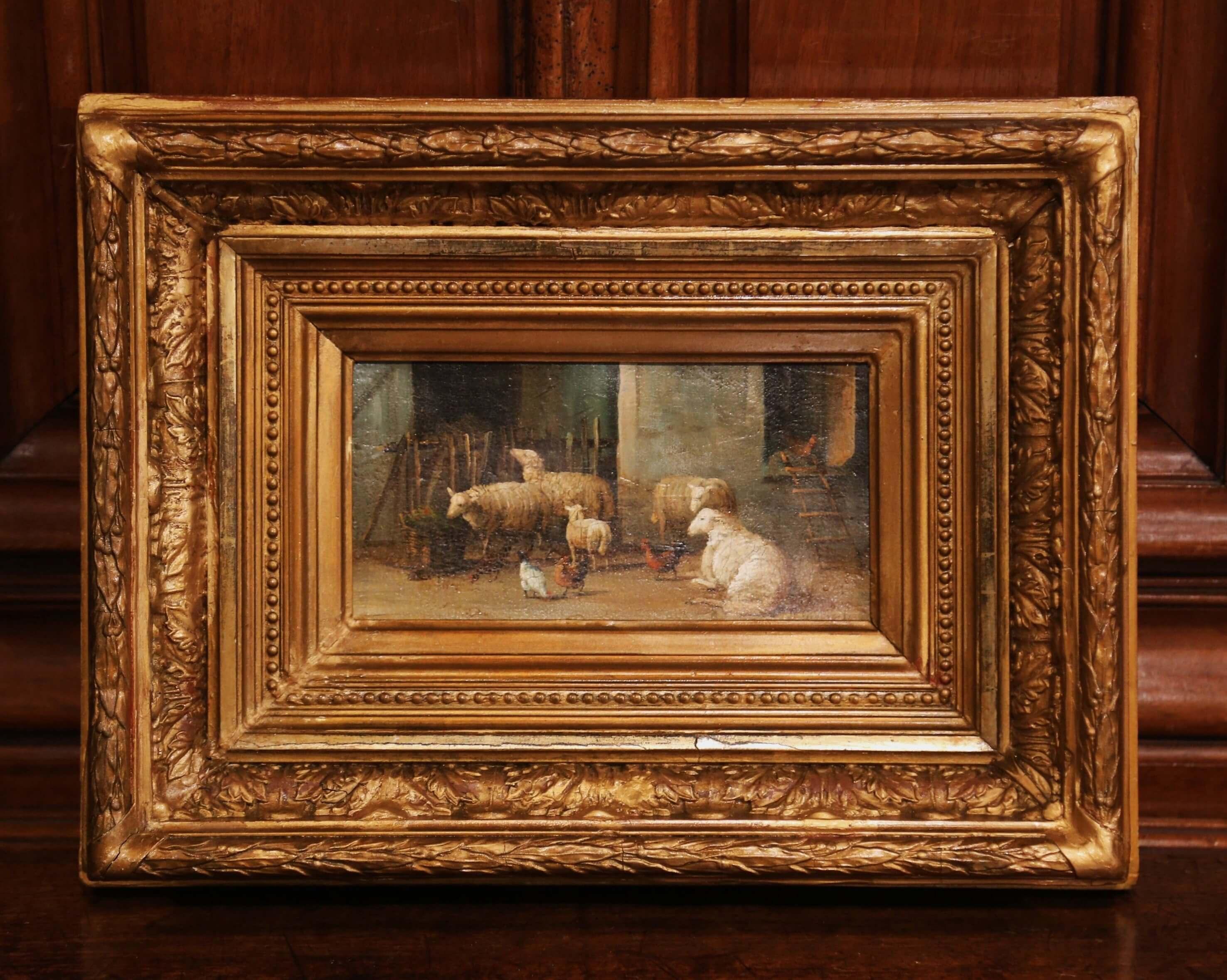 19th Century Sheep Painting in Carved Giltwood Frame Signed J. Scholaerts In Excellent Condition In Dallas, TX