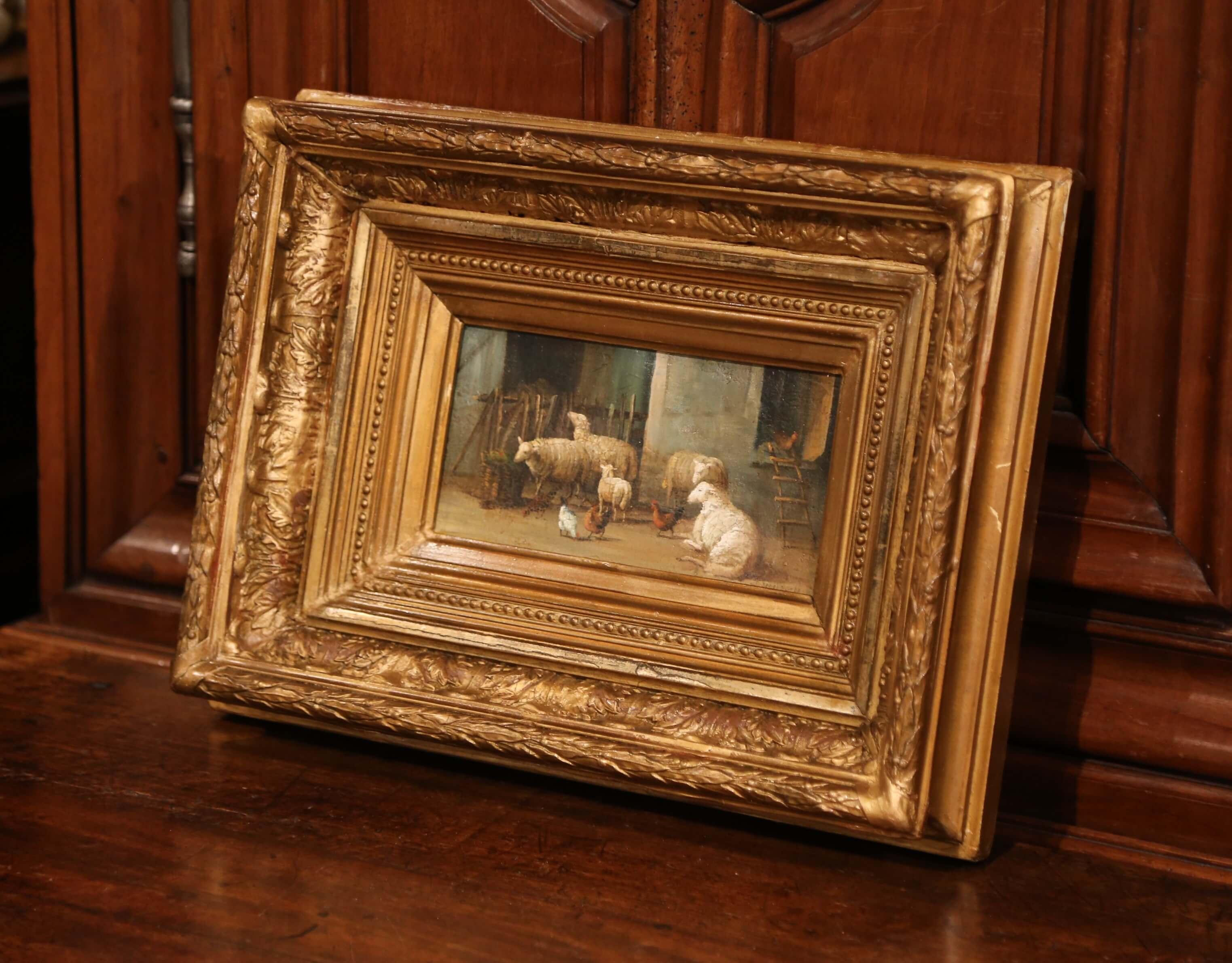 19th Century Sheep Painting in Carved Giltwood Frame Signed J. Scholaerts 2