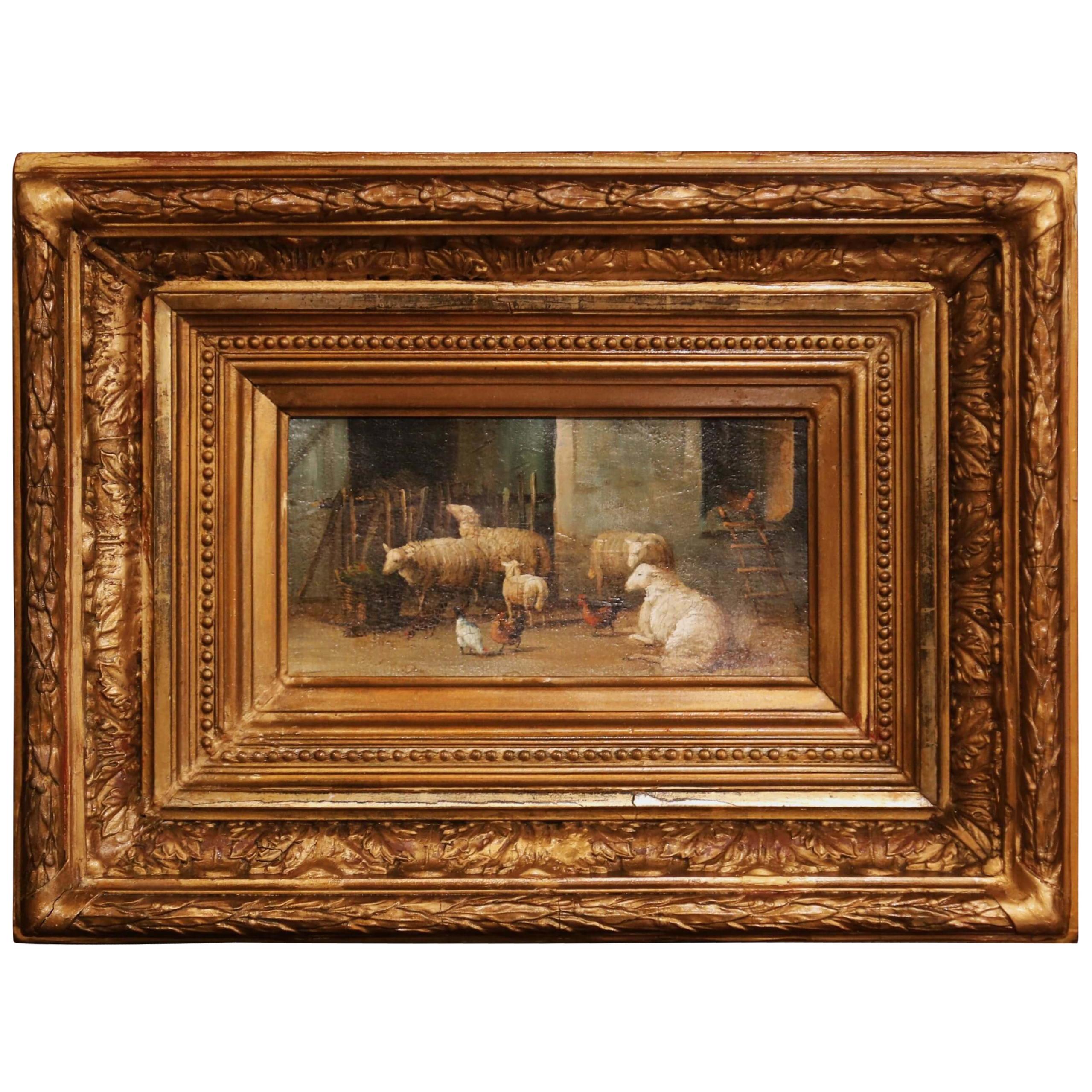 19th Century Sheep Painting in Carved Giltwood Frame Signed J. Scholaerts