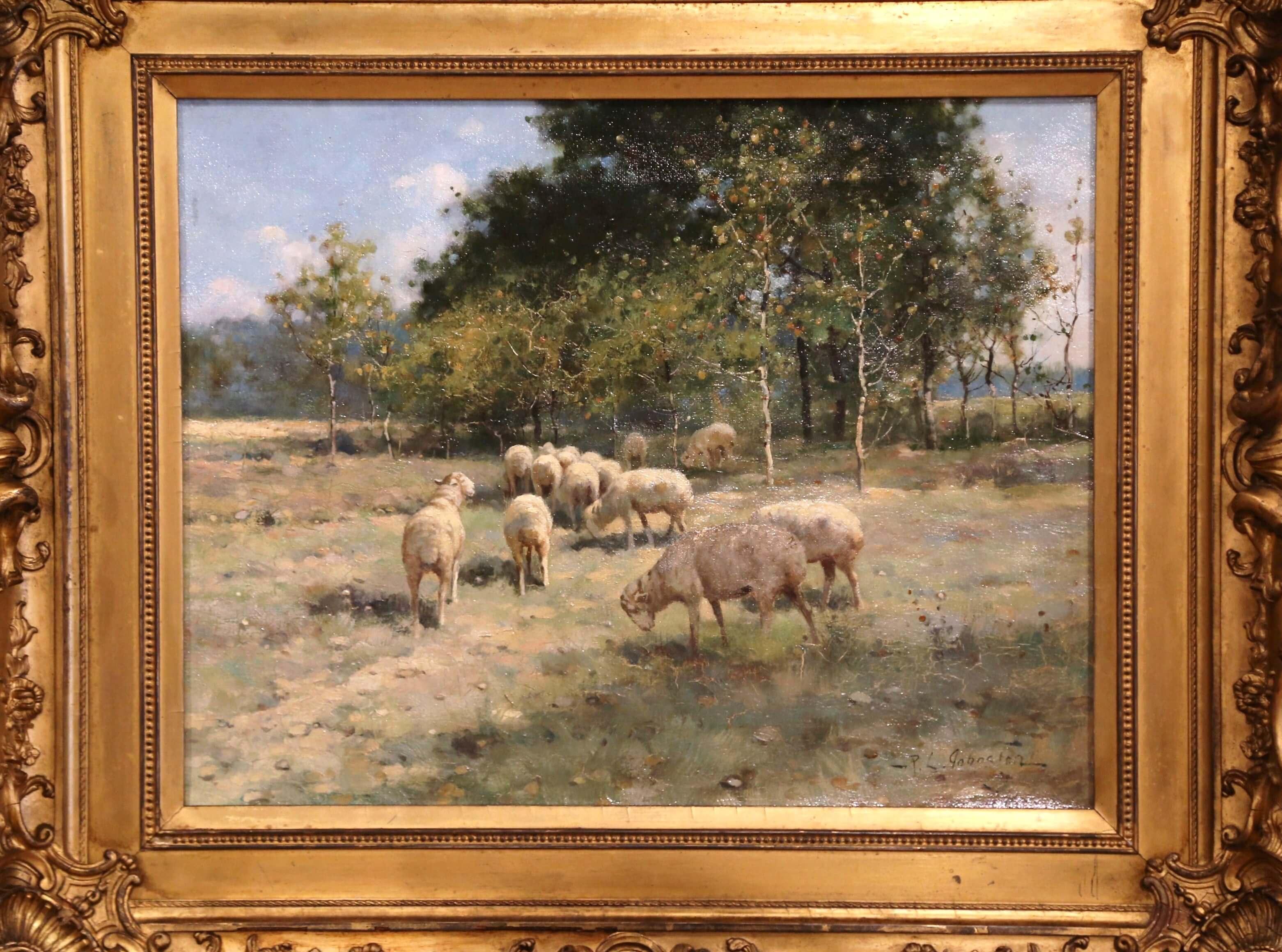 Bring the peaceful charm of the countryside into your home with this oil on canvas painting. Painted circa 1880, this composition is set inside its original giltwood frame and is signed in the lower right corner by American painter, R.L. Johnson.