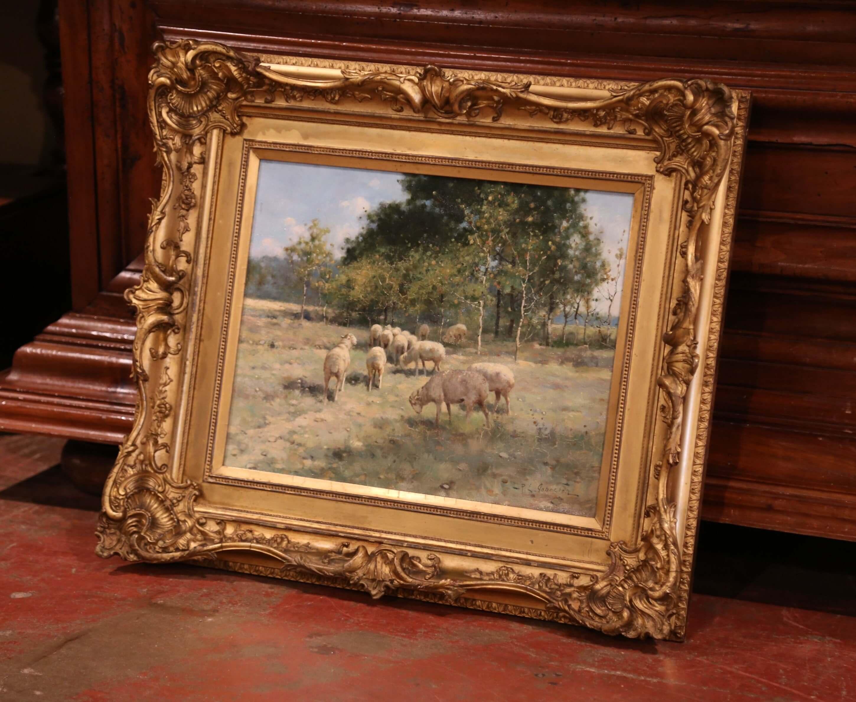 American 19th Century Sheep Painting in Carved Giltwood Frame Signed R. L. Johnston