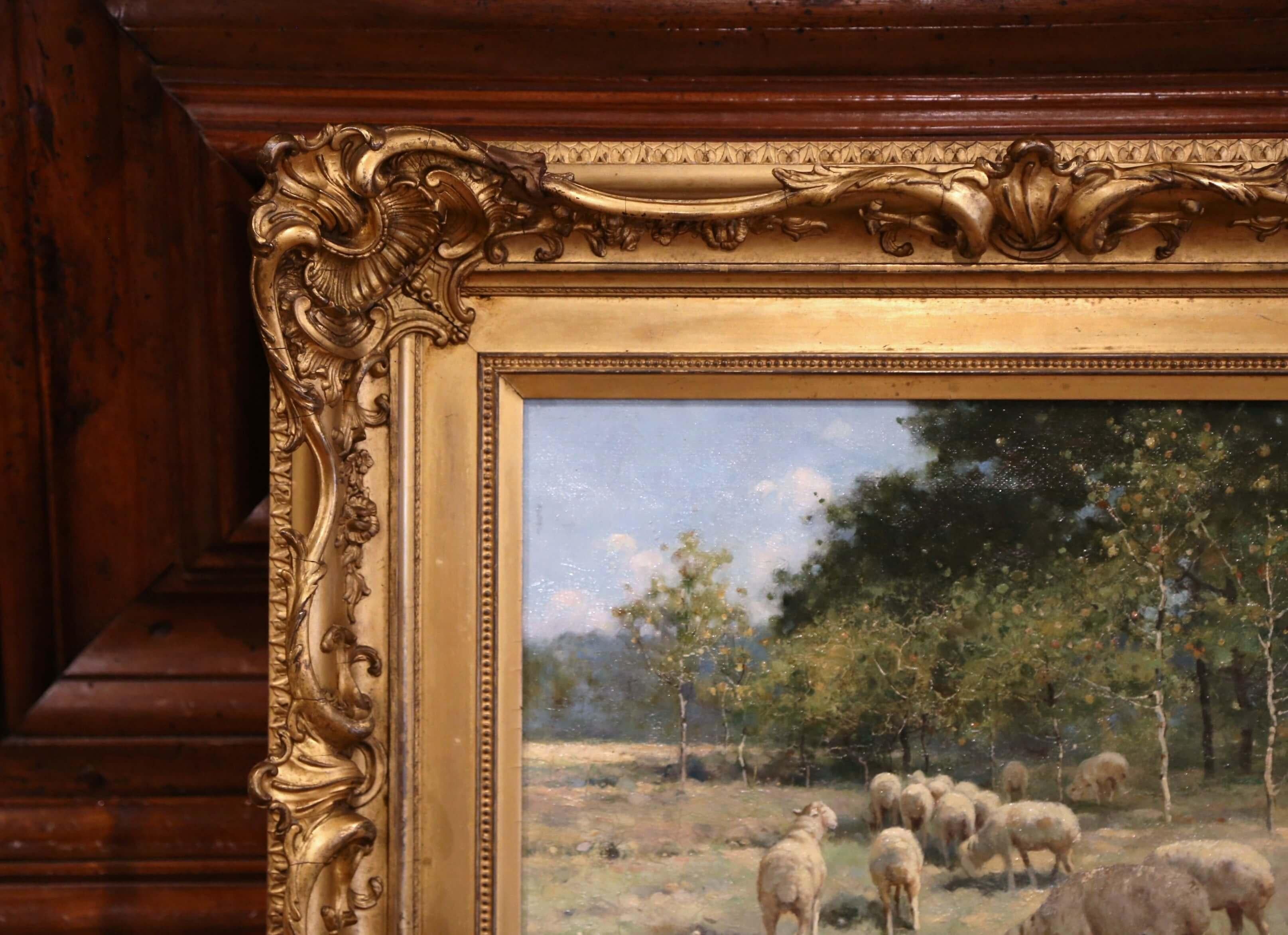 19th Century Sheep Painting in Carved Giltwood Frame Signed R. L. Johnston In Excellent Condition In Dallas, TX