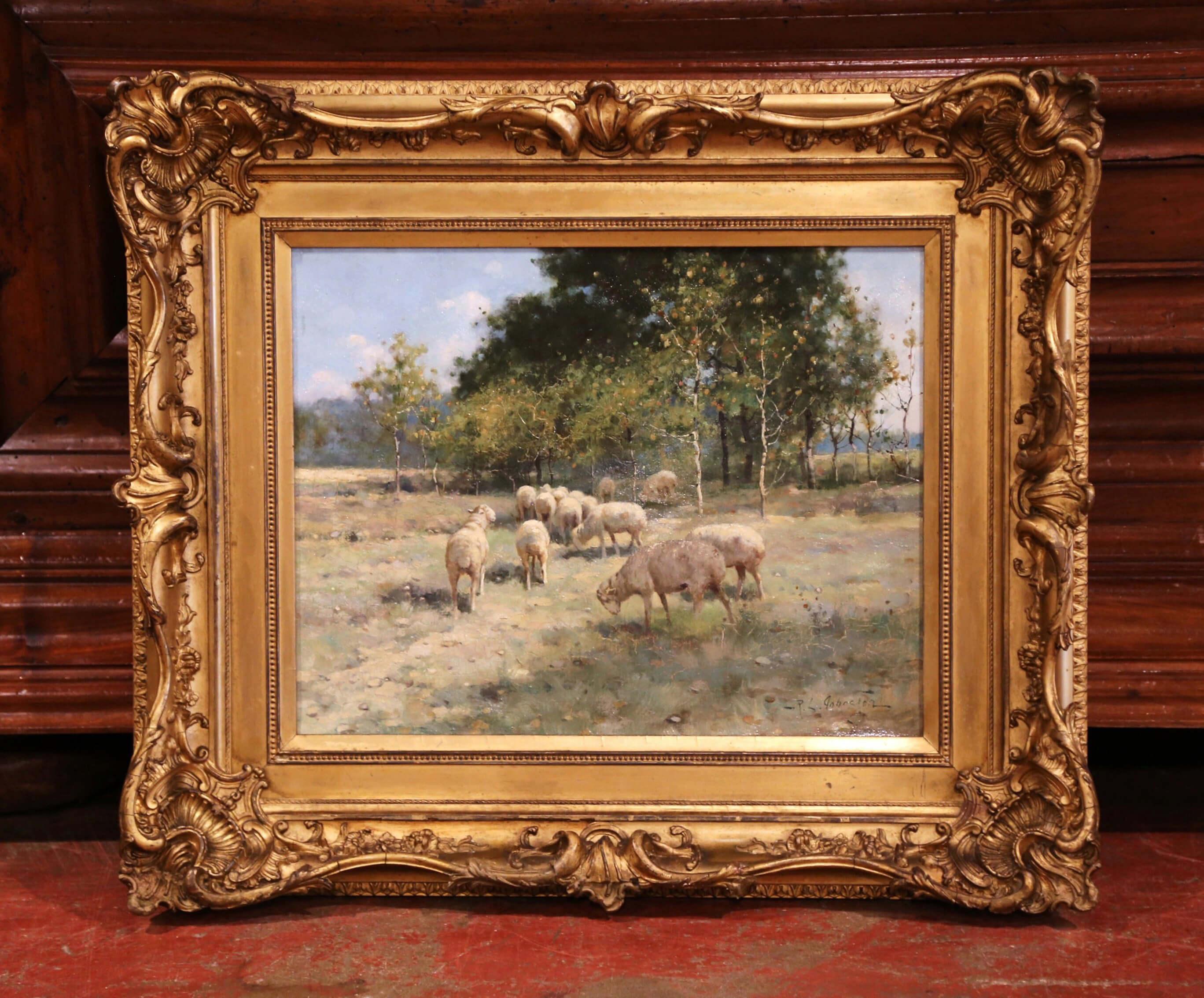 19th Century Sheep Painting in Carved Giltwood Frame Signed R. L. Johnston 1