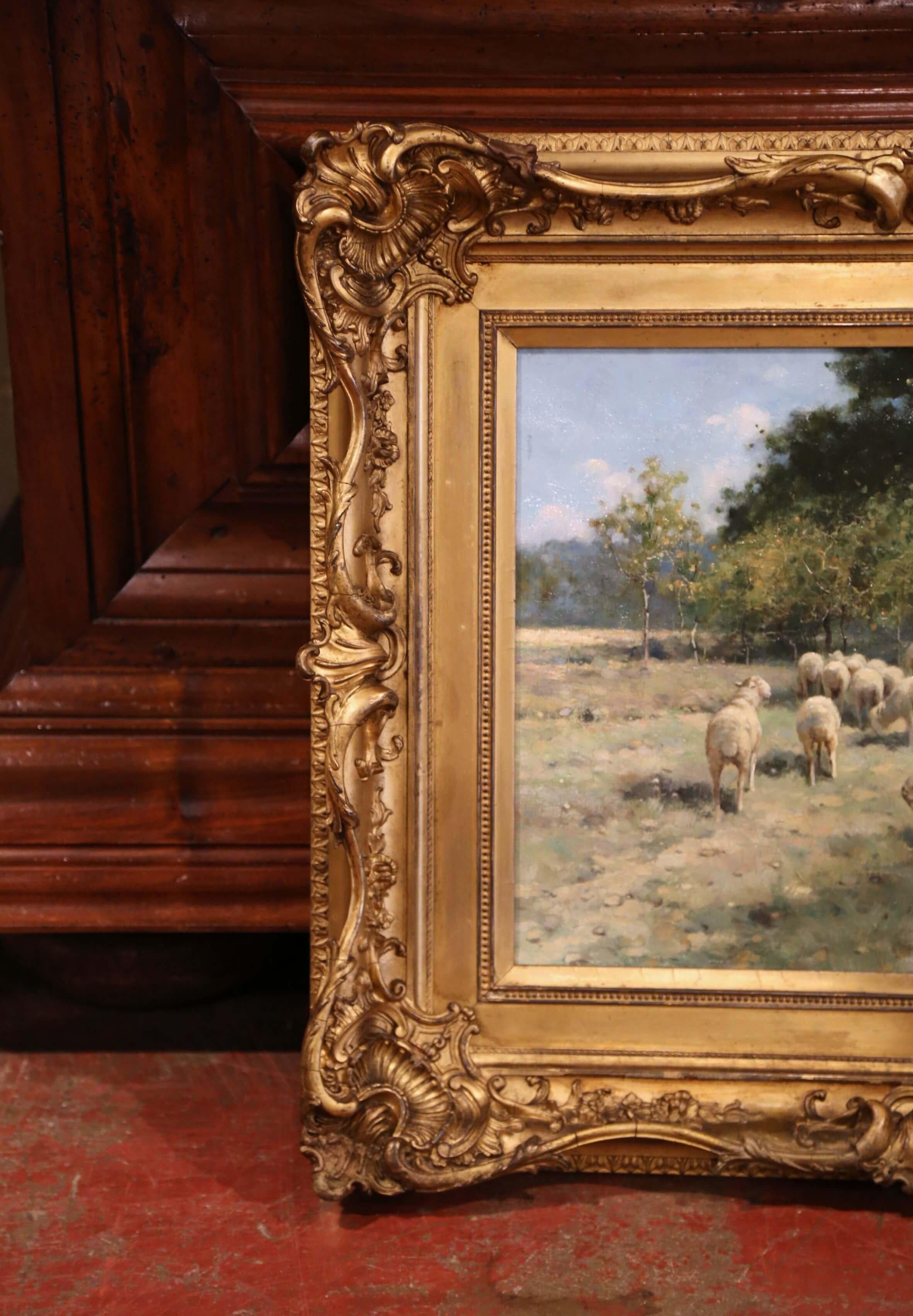 19th Century Sheep Painting in Carved Giltwood Frame Signed R. L. Johnston 3