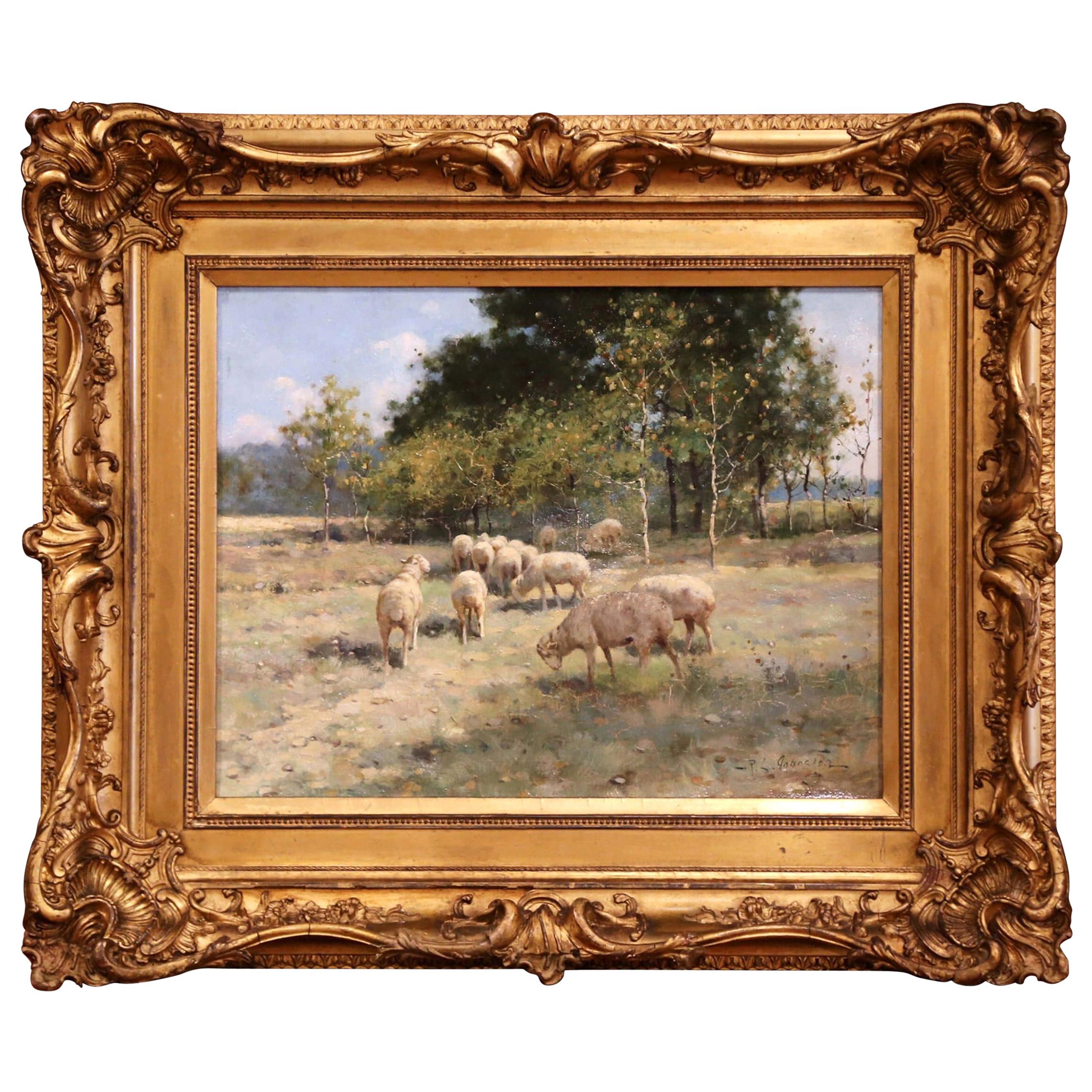 19th Century Sheep Painting in Carved Giltwood Frame Signed R. L. Johnston