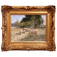 19th Century Sheep Painting in Carved Giltwood Frame Signed R. L. Johnston