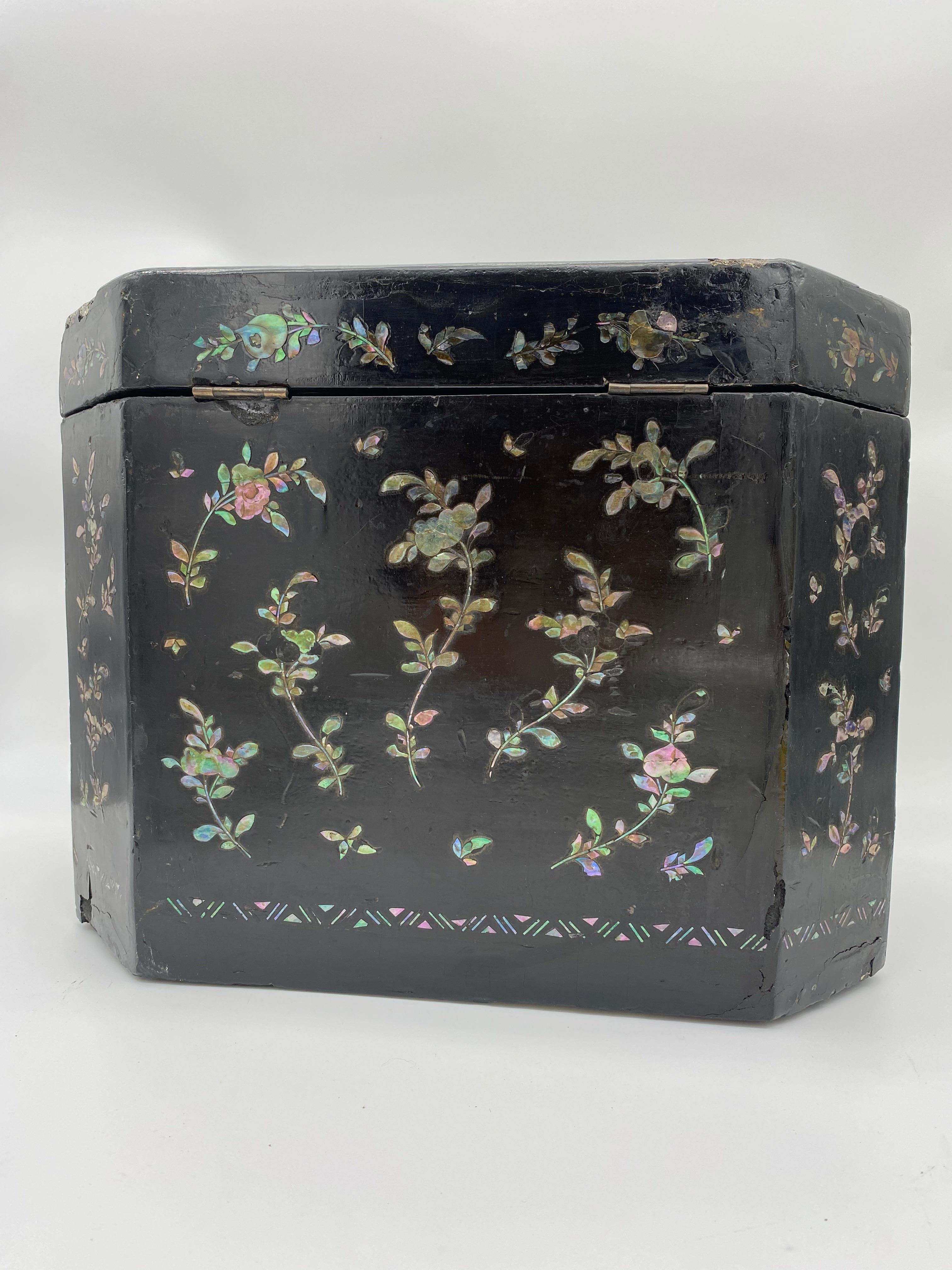 19th Century Shell Inlaid Black Lacquer Big Chinese Chest Labled  