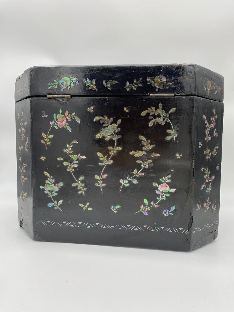 19th Century Shell Inlaid Black Lacquer Big Chinese Chest Labled ...
