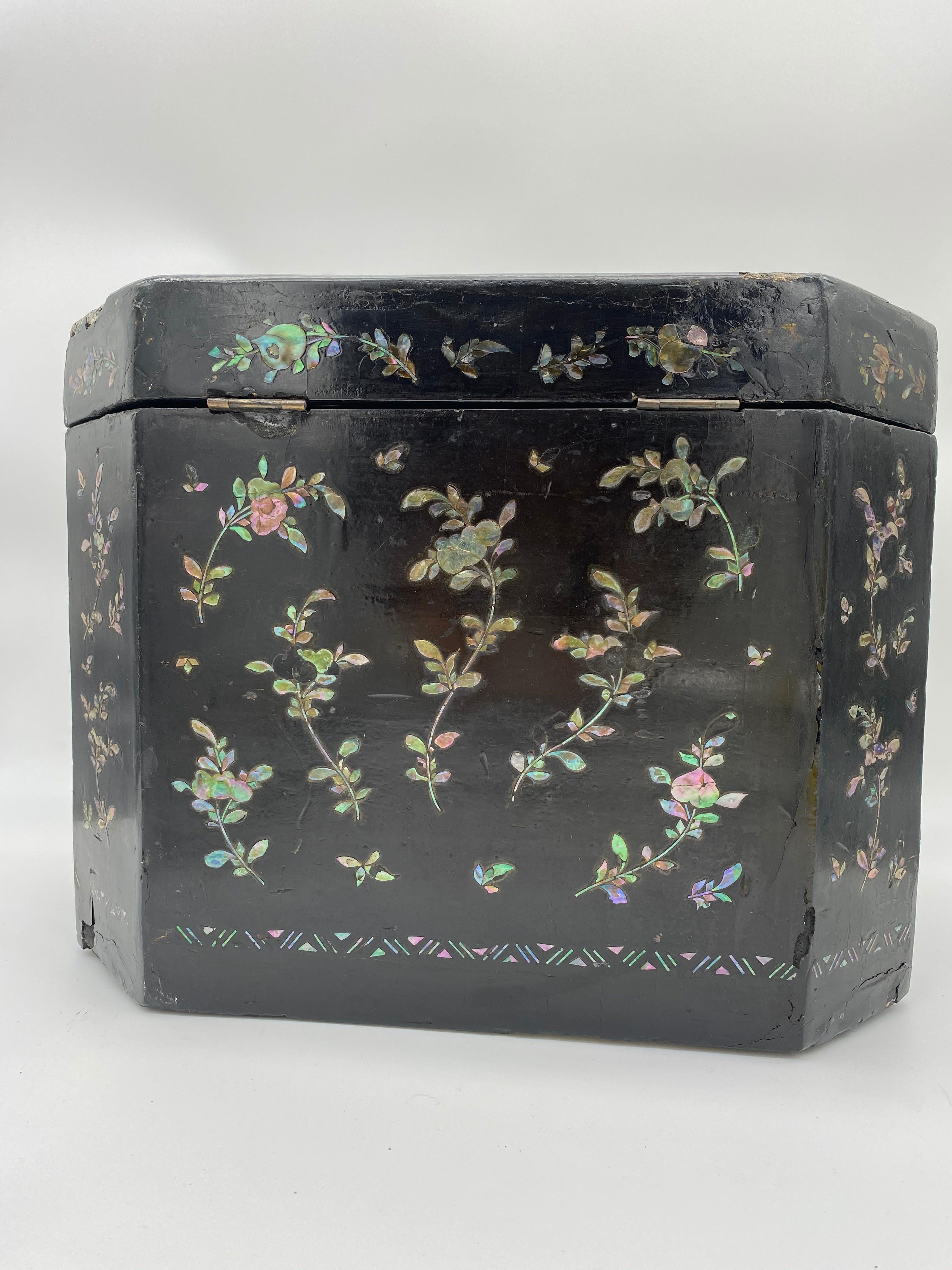 19th Century Shell Inlaid Black Lacquer Big Chinese Chest Labled  