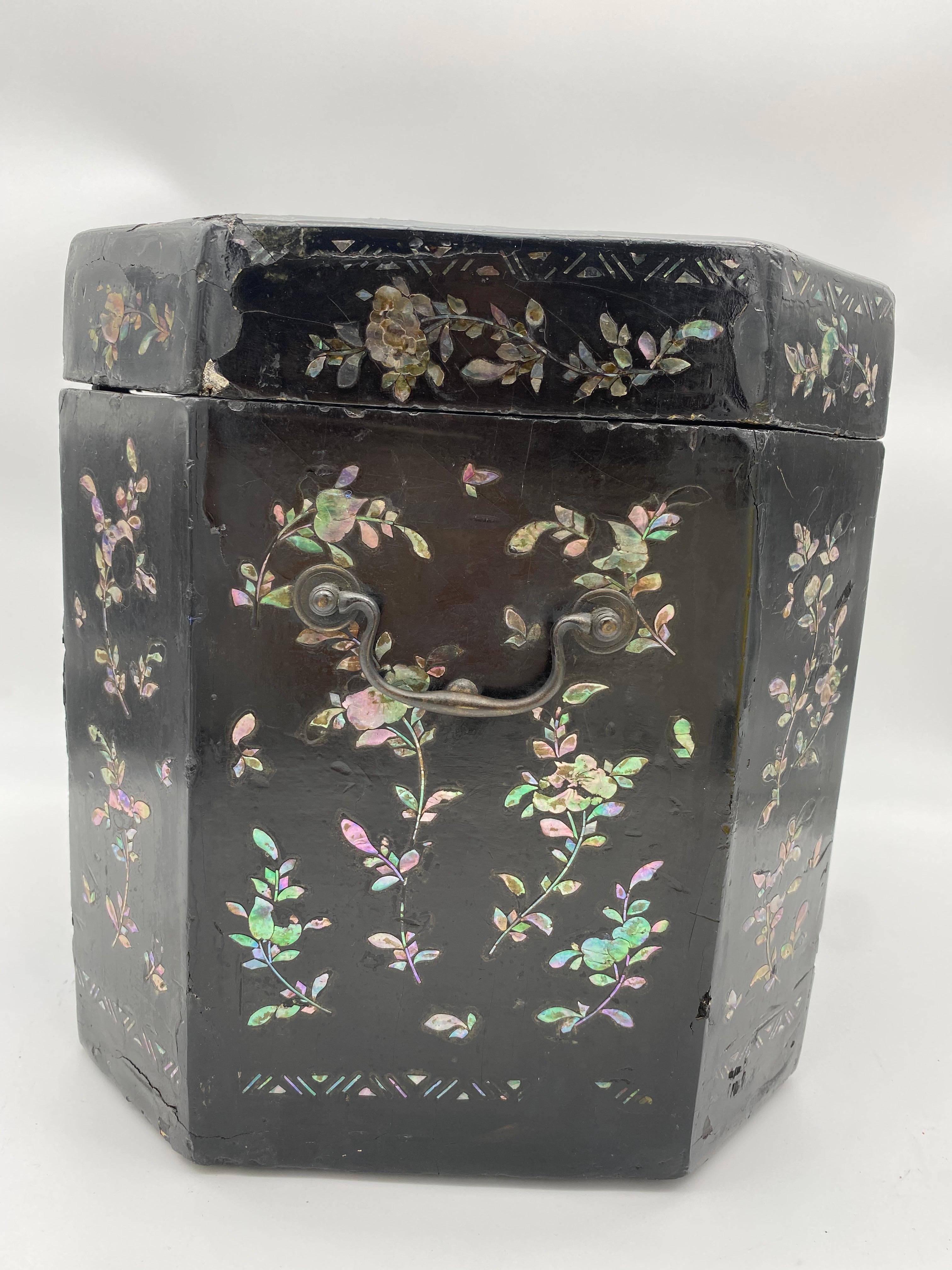 19th Century Shell Inlaid Black Lacquer Big Chinese Chest Labled  