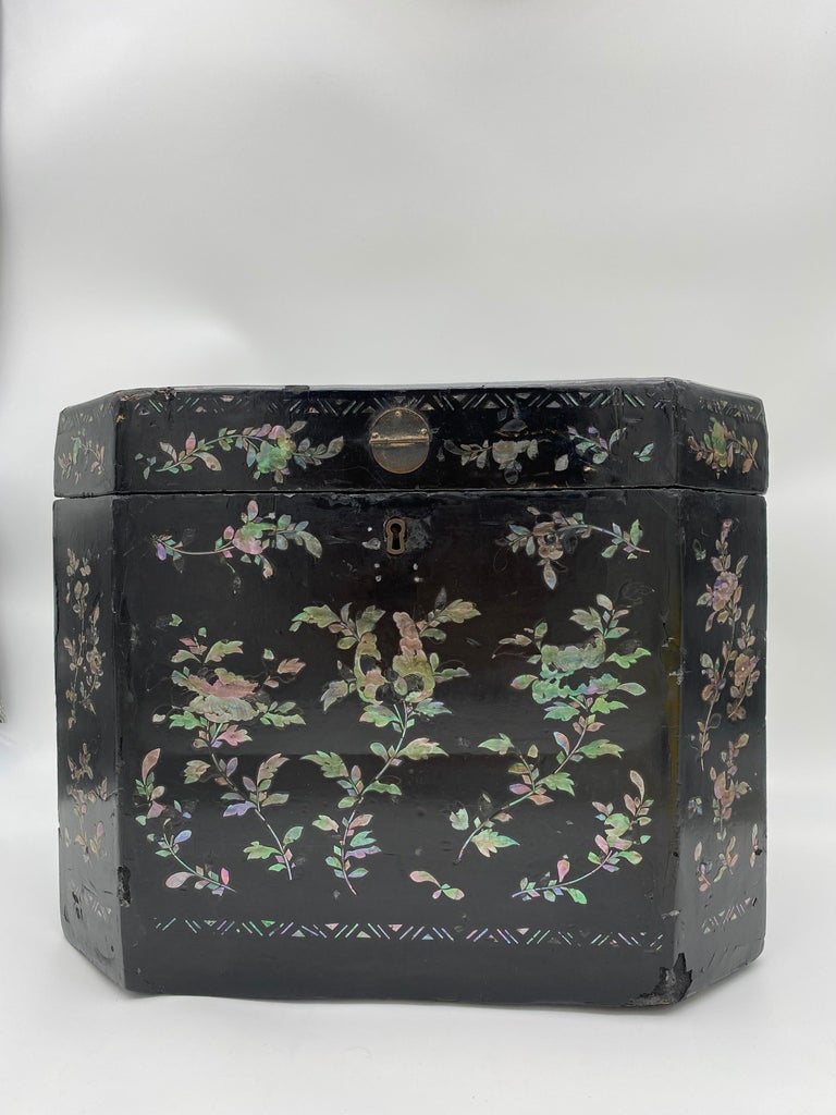 19th Century Shell Inlaid Black Lacquer Big Chinese Chest Labled ...