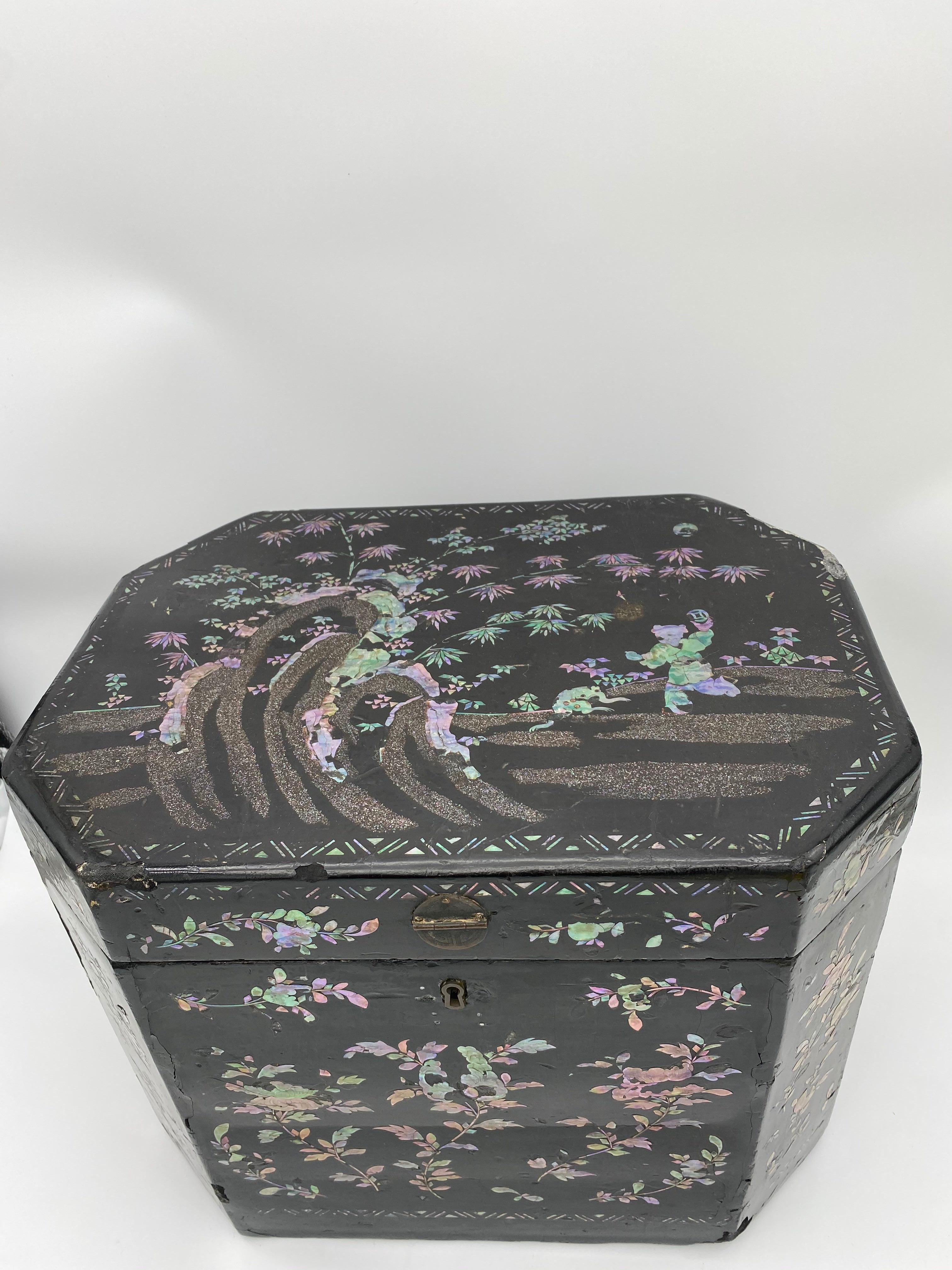 Hand-Crafted 19th Century Shell Inlaid Black Lacquer Big Chinese Chest Labled  