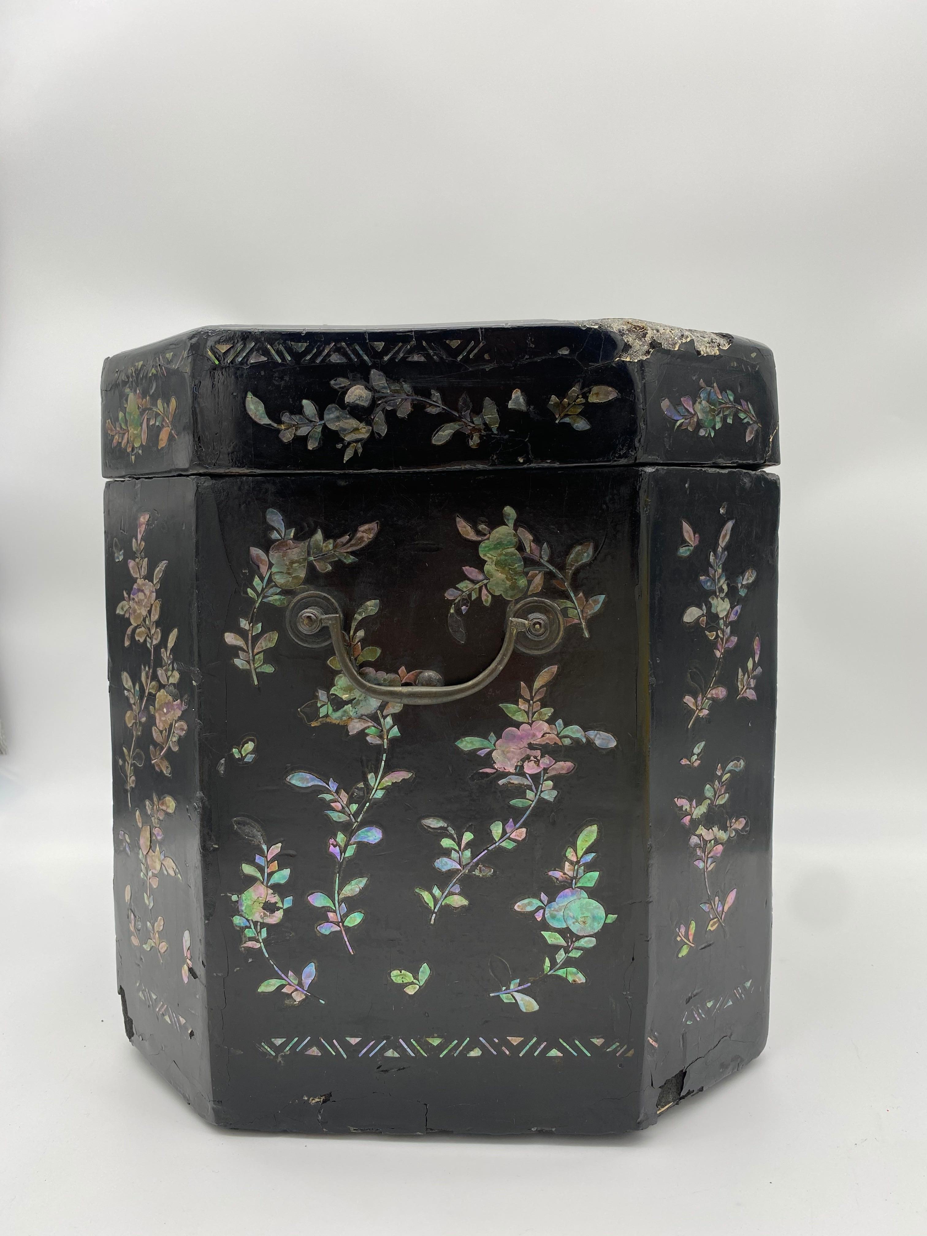 19th Century Shell Inlaid Black Lacquer Big Chinese Chest Labled  