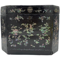 19th Century Shell Inlaid Black Lacquer Big Chinese Chest Labled  "Sunshing"