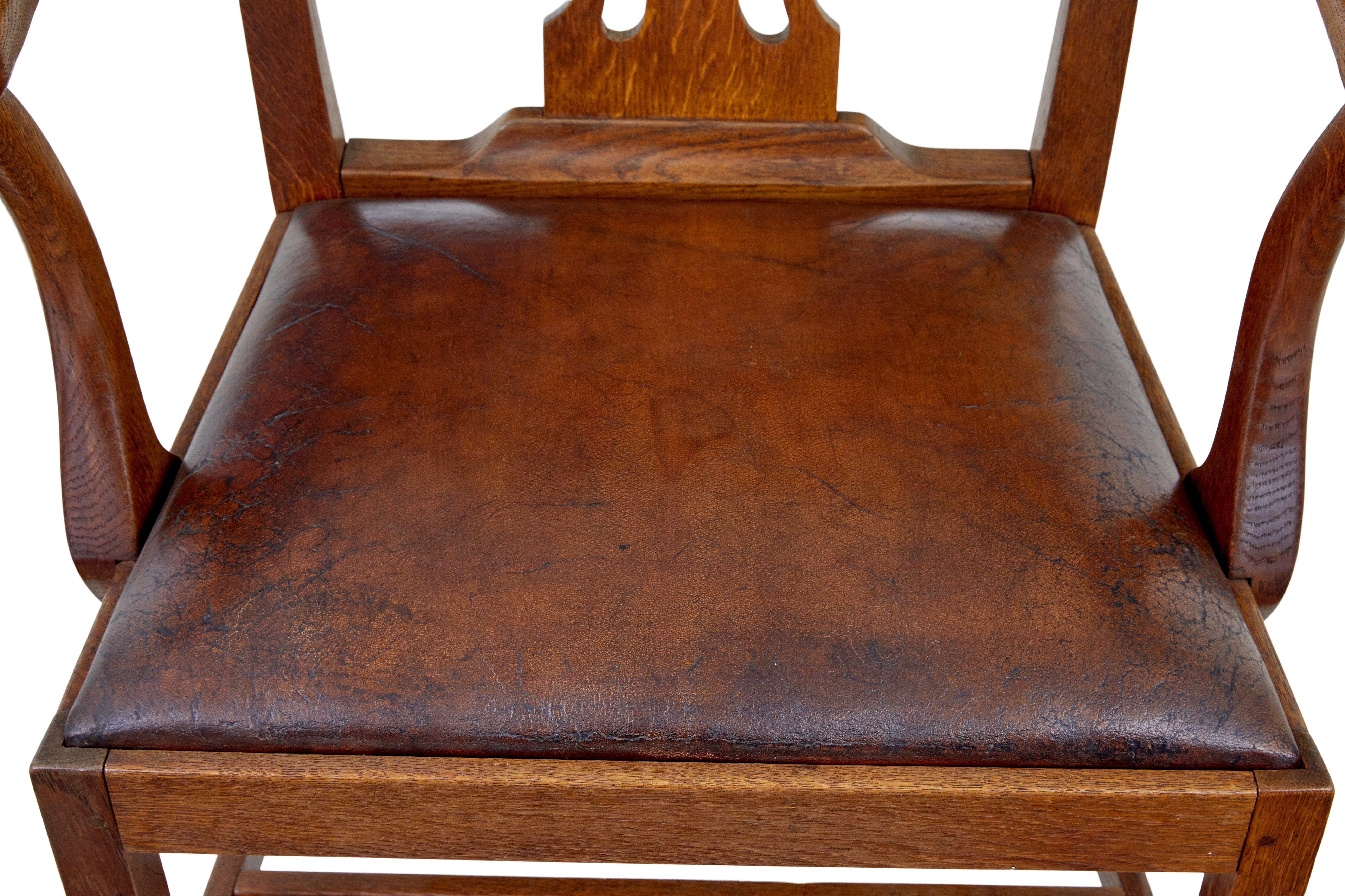 Leather 19th Century shepherds crook oak armchair For Sale