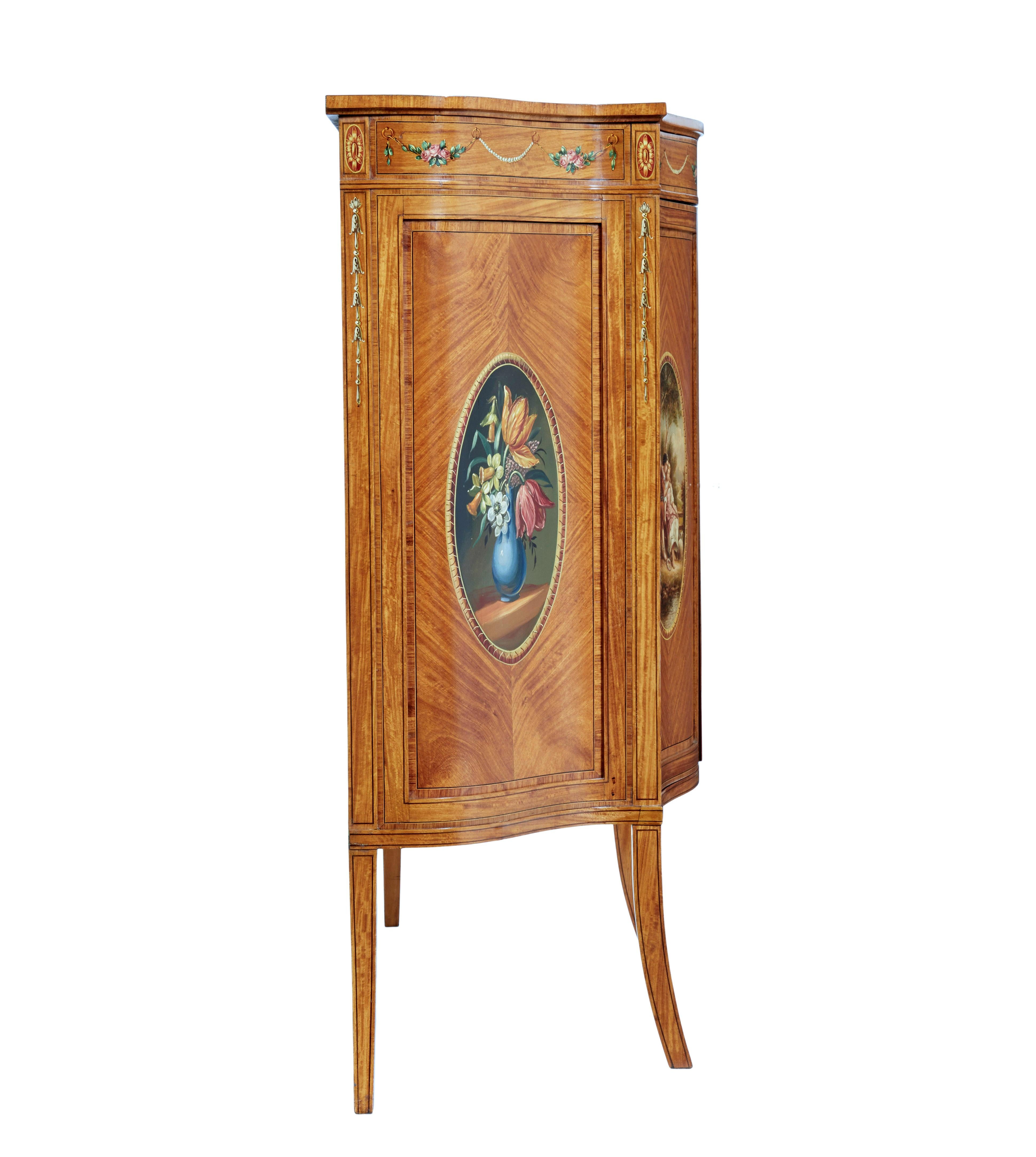 English 19th century sheraton revival satinwood inlaid and painted cabinet For Sale